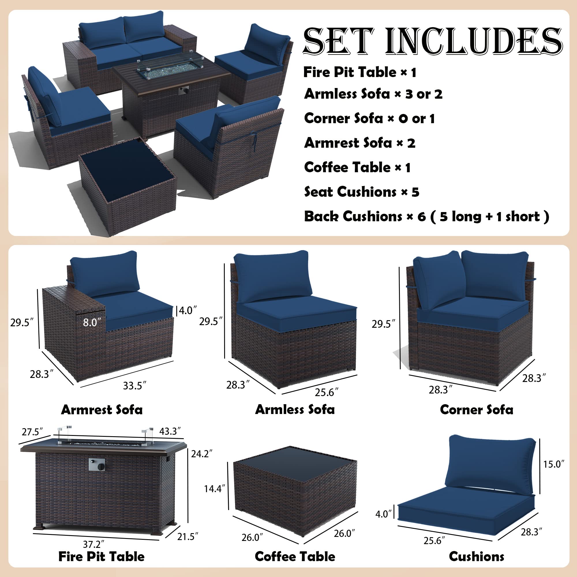 Gotland 7-Piece Outdoor Patio Furniture Set with 43-inch Gas Fire Pit Table - 55,000 BTU Auto-Ignition Sectional Sofa Set with Glass Wind Guard - Perfect for Backyard, Garden, Poolside & Outdoor Entertaining