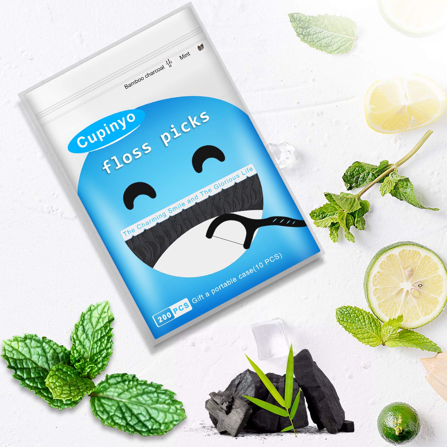 Premium Cupinyo Dental Floss Picks - 200 Count Mint Flavored Activated Charcoal Teeth Cleaning Sticks with Travel Case | Gentle Plaque Removal, Fresh Breath | Perfect for Travel, Office & Home Oral Care