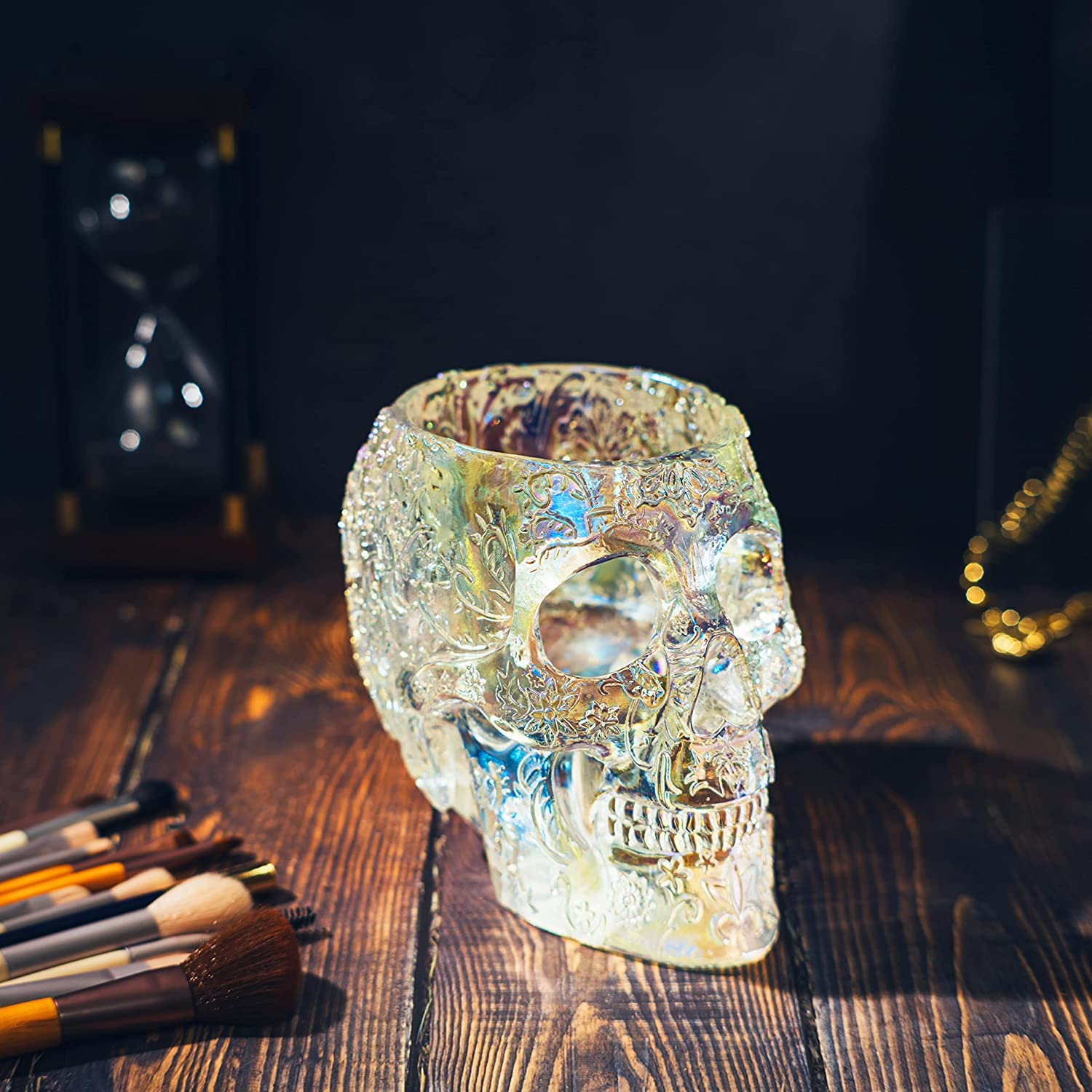 Gothic Skull Makeup Brush & Pen Holder - Extra Large Vanity Desk Organizer for Office, Bathroom Decor - Iridescent Skull & Bones Planter, Candy Bowl, Stationery Storage - Perfect for Halloween, Goth Decor & Dark Aesthetic Lovers