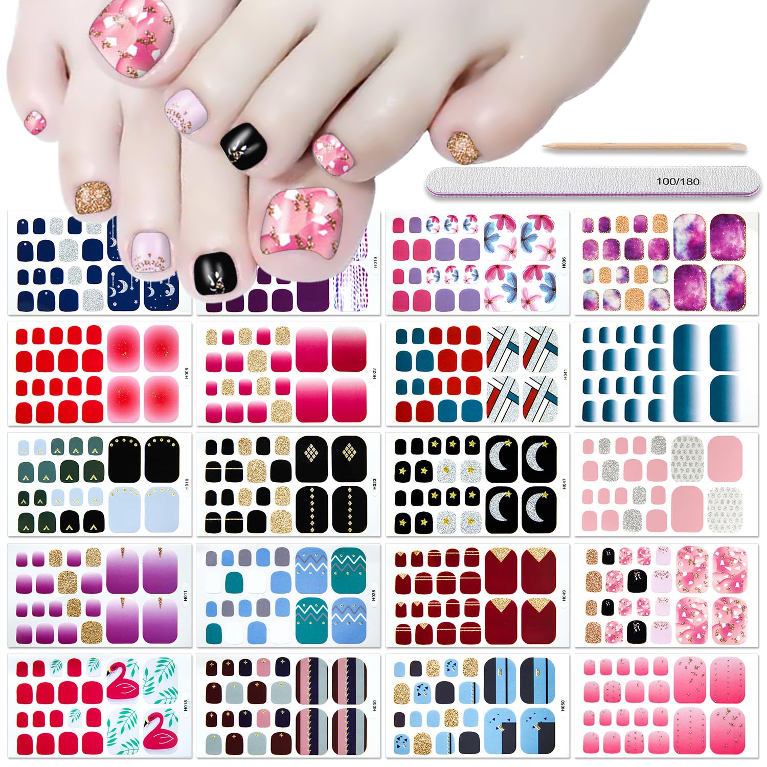 DANNEASY 20 Sheets Self-Adhesive Toe Nail Stickers & Wraps - Waterproof Nail Polish Strips for Toes & Fingers - Includes Nail File & Cuticle Stick - Perfect for Pedicures, Manicures & At-Home Nail Care