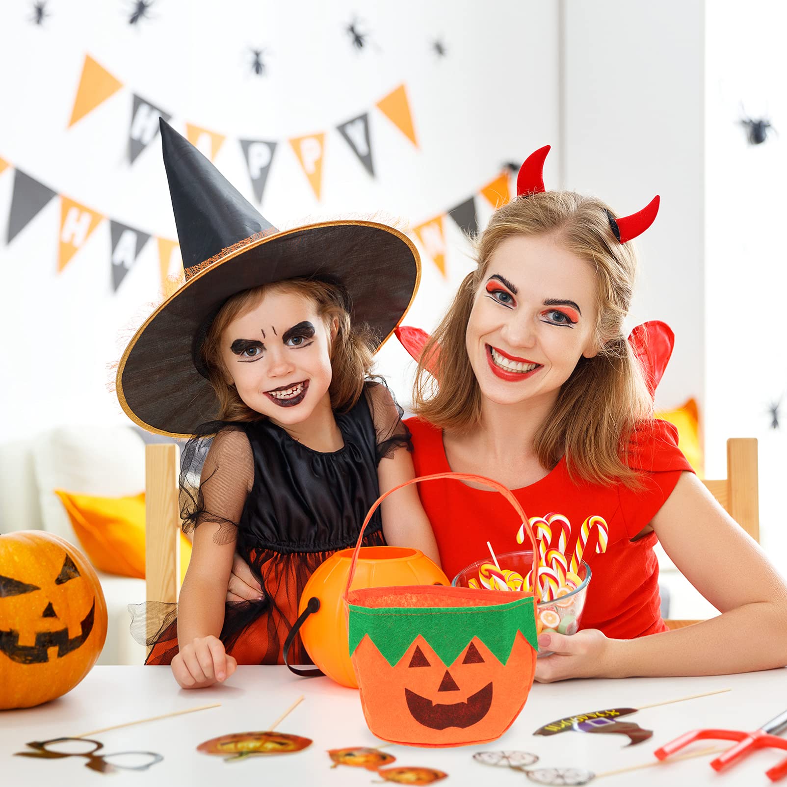 Halloween Candy Bags 4-Pack - Reusable Non-Woven Pumpkin Treat Bags for Trick or Treat, Halloween Party Favors & Goodie Bags - Perfect for Classroom Treats, Neighborhood Trick-or-Treating & Halloween Party Supplies