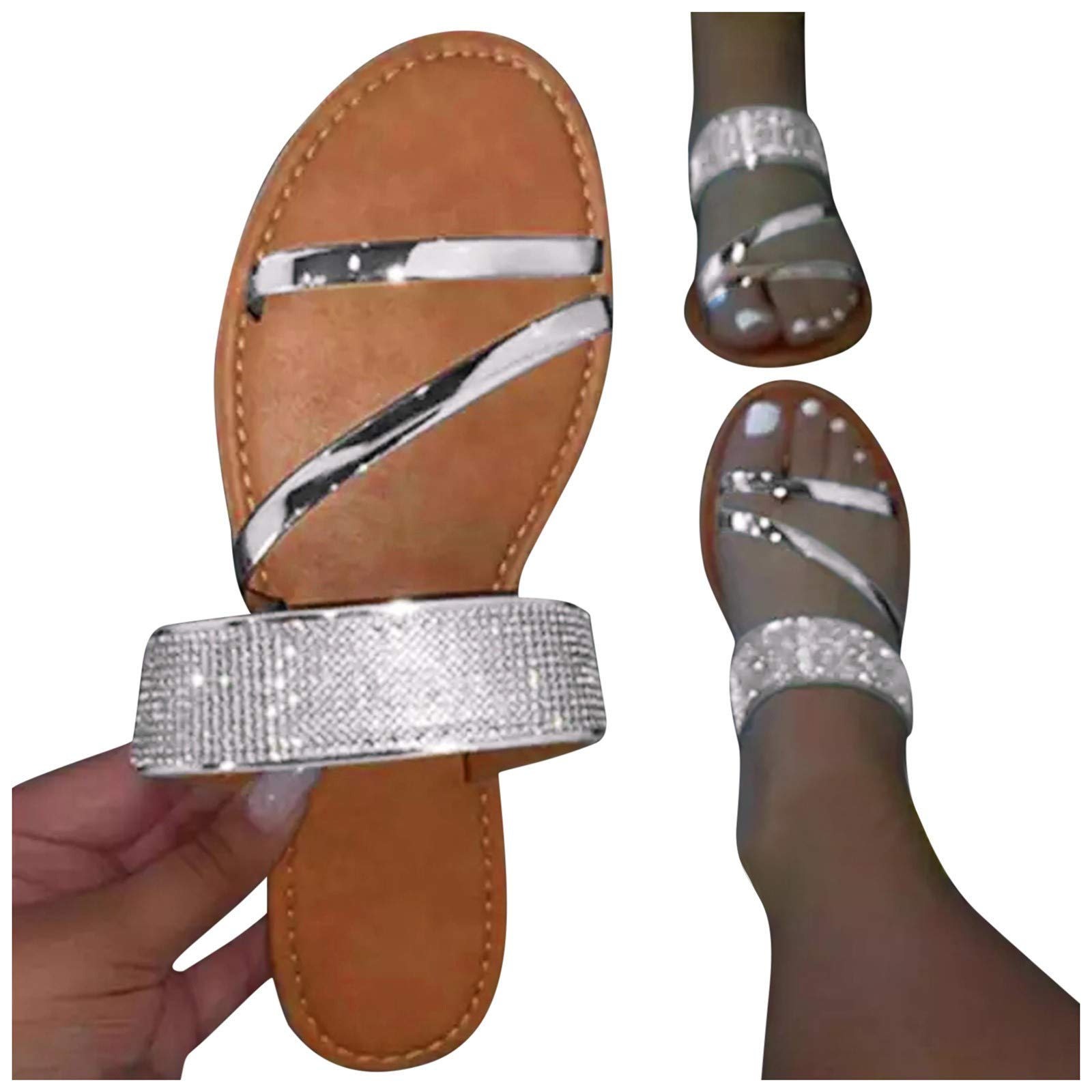 AODONG Women's Rhinestone Flat Sandals - Slip On Open Toe Flip Flops for Casual Wear, Summer Beach & Vacation - Comfortable Sandals for Walking, Travel & Outdoor Activities