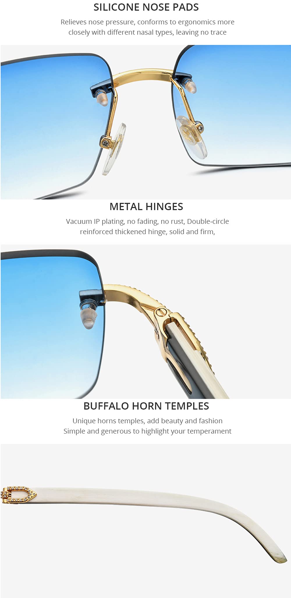 HEPIDEM 100% Genuine Buffalo Horn Rimless Square Sunglasses for Men - UV Protection Polarized Classic Style for Driving, Fishing & Outdoor Activities