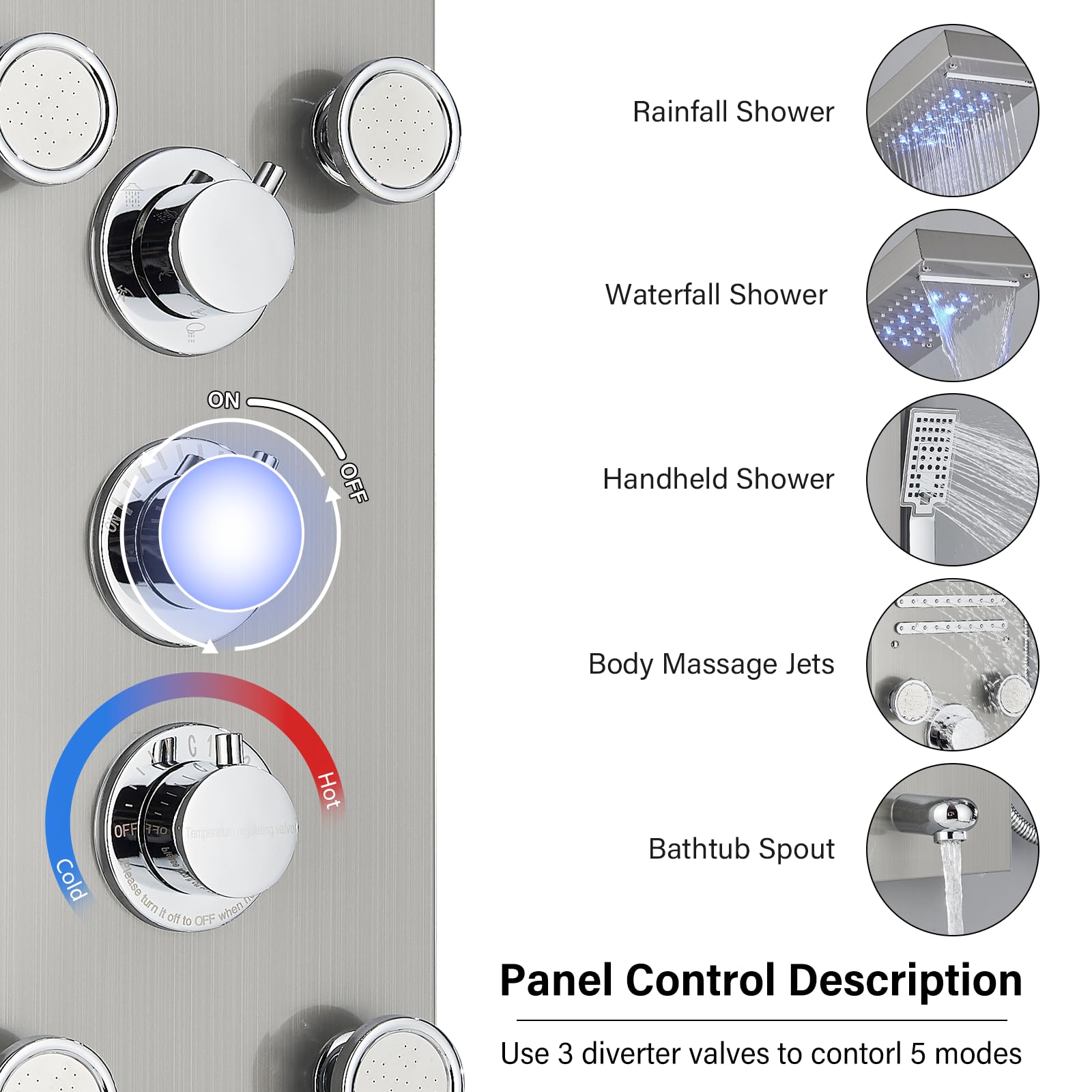 NeierThodore LED Rainfall Shower Panel - Multi-Function Shower Tower System with Massage Jets, Handheld Sprayer & Temperature Display in Brushed Nickel - Perfect for Spa-Like Bathroom Upgrades and Luxury Home Renovations
