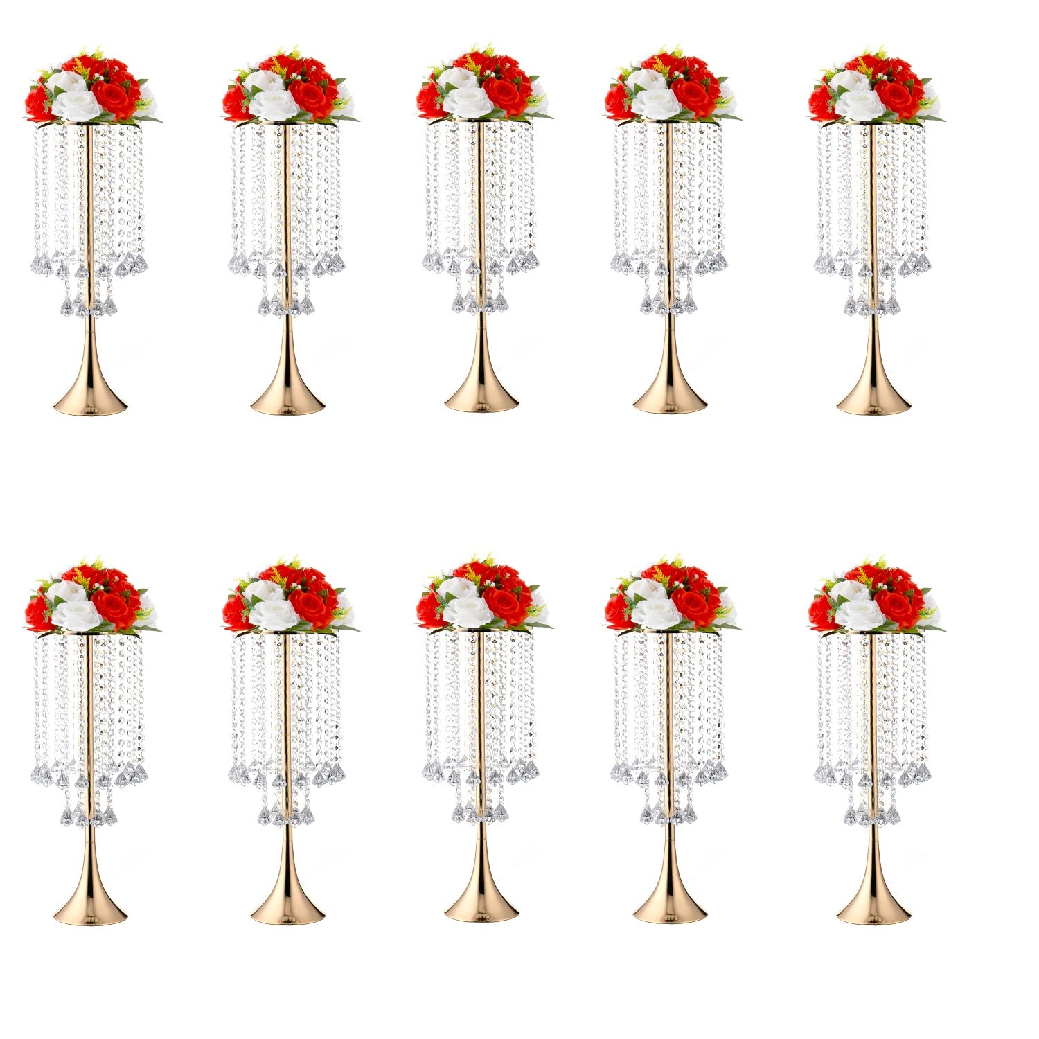10-Piece Crystal Flower Stand Set - Gold Tall Metal Vase for Wedding Centerpieces, Party, Dinner Events, Hotel & Home Decor - Elegant Floral Arrangement for Tables, Stages & Venues