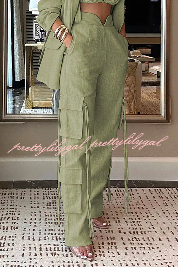 Stylish Women's Lapel Long Sleeve Loose Jacket & Casual Pocket Lace-Up Straight Leg Pants Set - Office Wear & Spring Outfit