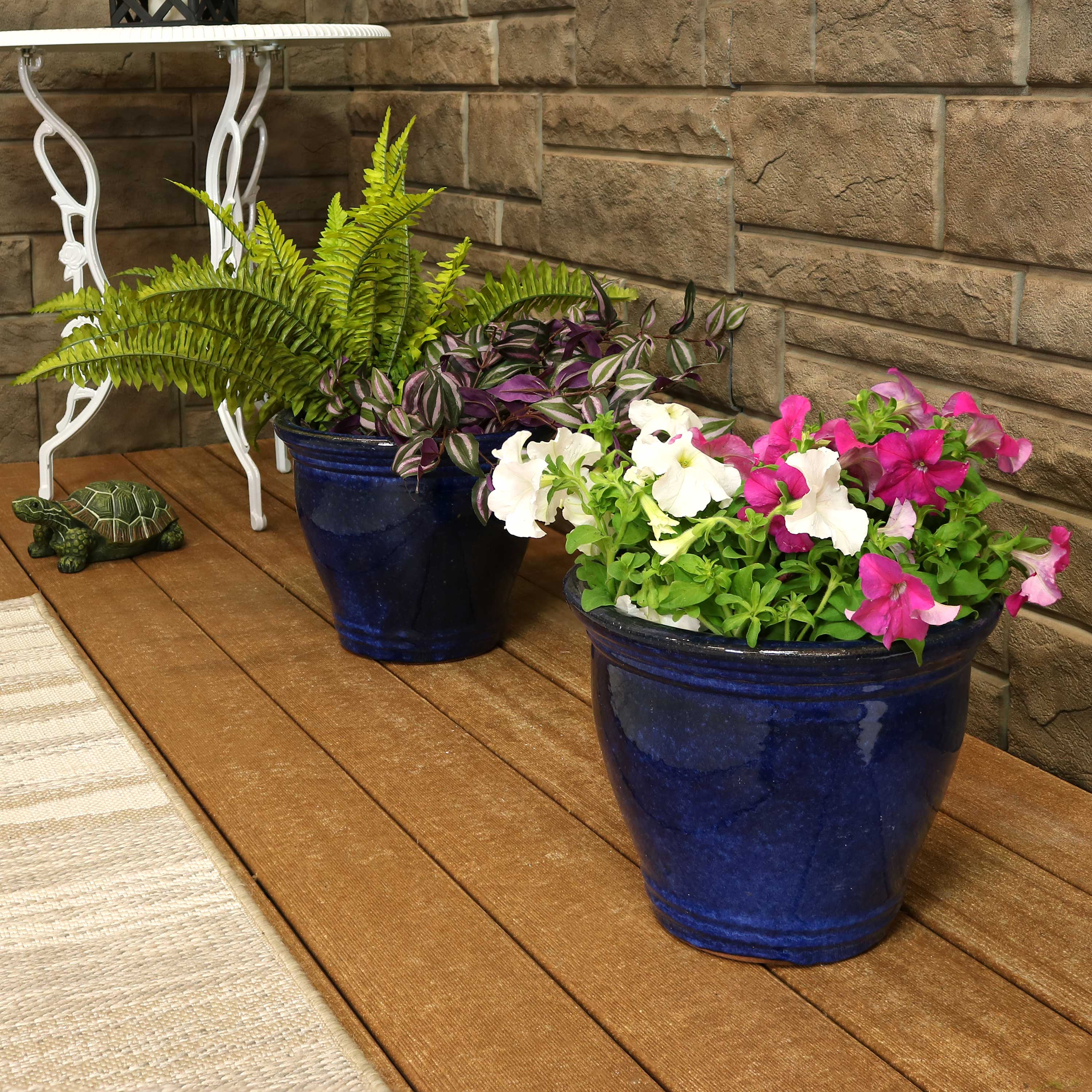 Premium Glazed Ceramic Plant Pots with Drainage Holes - Set of 2 Indoor/Outdoor Flower Planters for Home Decor, Garden & Patio