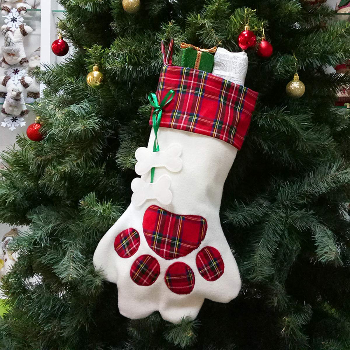 SherryDC Christmas Dog Paw Stockings - Plush & Plaid Pet Holiday Decorations for Dogs - Festive Hanging Socks for Fireplace, Door, Wall - Perfect for Christmas Tree, Gift Exchange & Holiday Home Decor