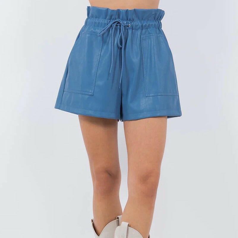 Premium Blue Leather Shorts with Pocket Detail - Stylish & Comfortable for Casual Wear, Night Out, and Summer Fashion