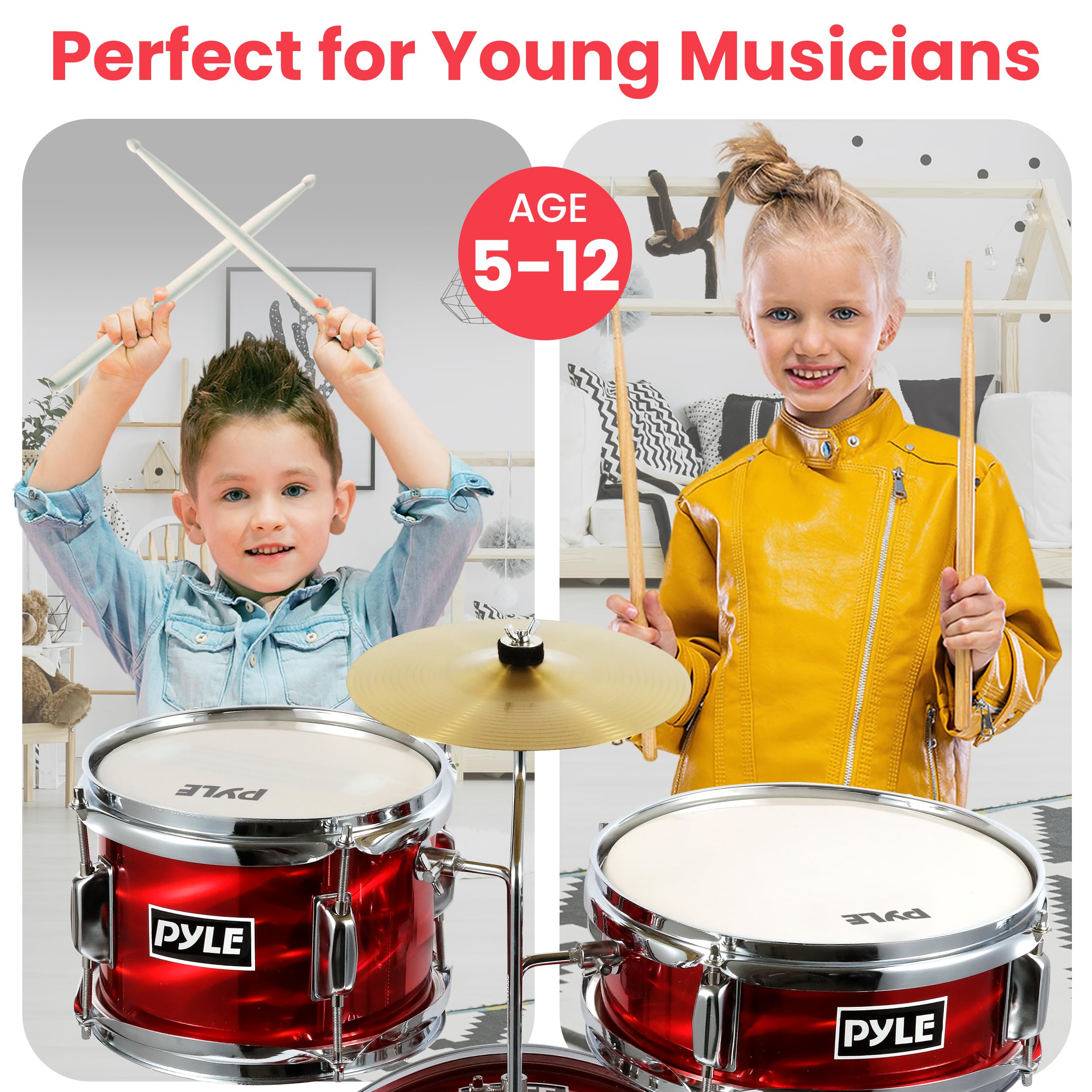 **Pyle Kids Drum Set - 3-Piece Beginner Junior Drum Kit with 13