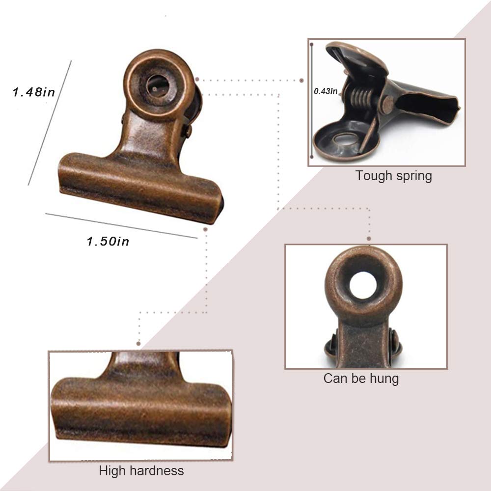 Bulldog Clips with Hole for Push-pin | Heavy Duty Spring Metal Binder Clips | Small File Clips for Office, School & Home Organization | Coffee Tea Food Bag Seal Clamps | DIY Photo Grid & Craft Decorative Clips (Copper, 38mm) - Perfect for Document Filing, Snack Storage & Wall Decor