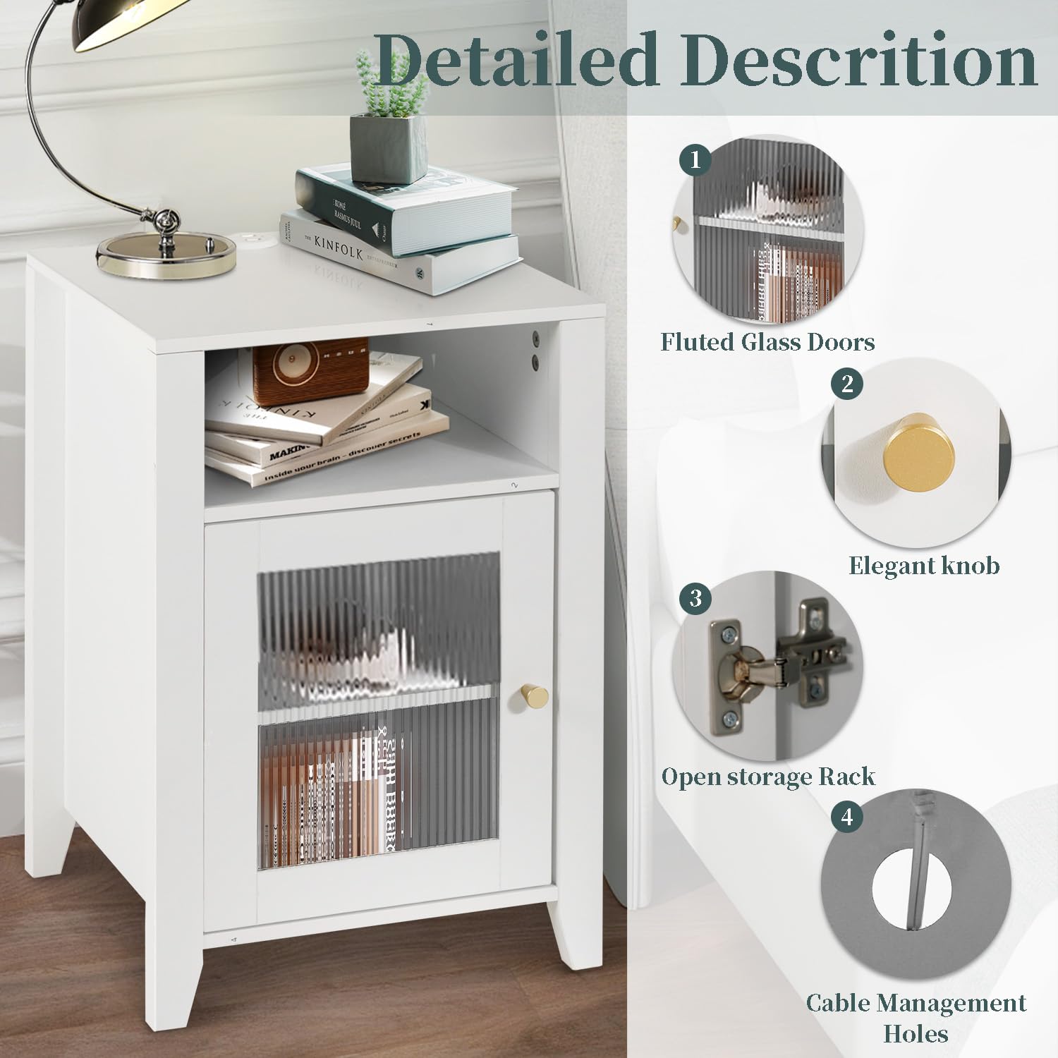 ENSTVER 3-Piece White Bedroom Set with Dresser & Nightstands - 4-Drawer Fluted Glass Door Chest & USB Charging Nightstands | Modern Bedroom Furniture for Master Bedroom, Guest Room, or Apartment