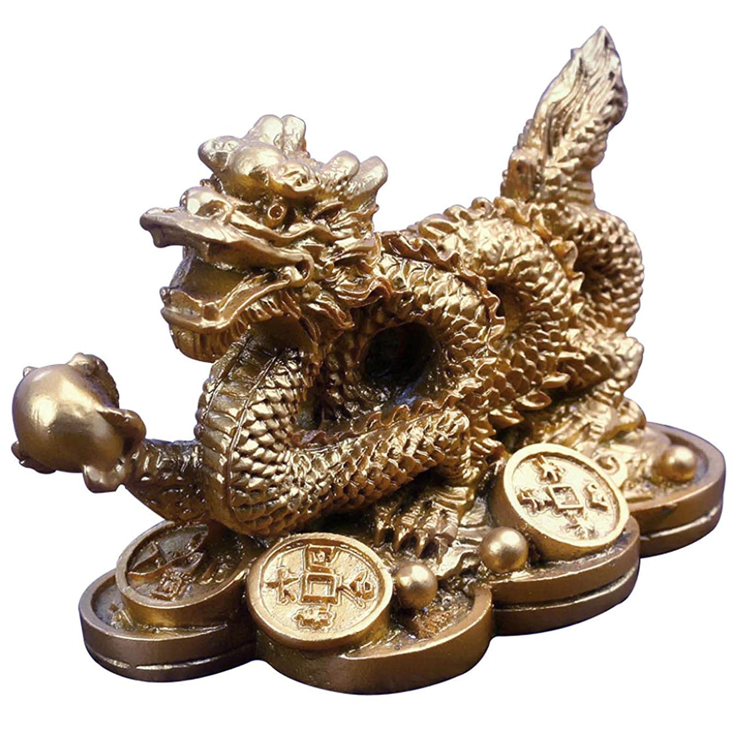 Brass Feng Shui Dragon Money Coins Statue - Wealth & Good Luck Charm for Home Office Decor - Perfect Feng Shui Gift for Prosperity & Success