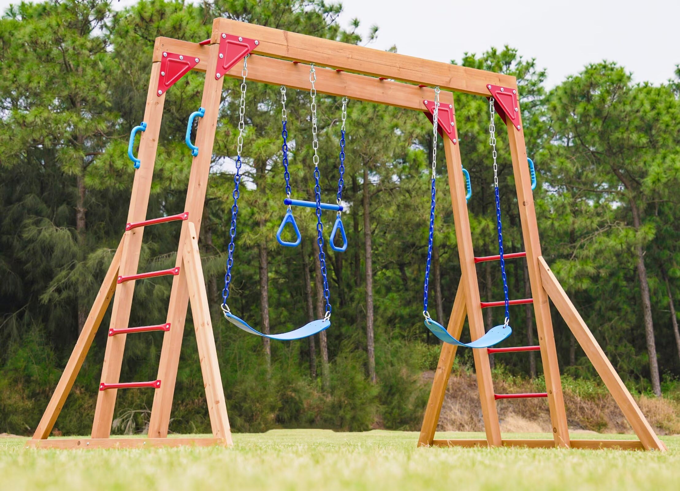 Dolphin Playground Wooden Swing Set for Backyard - Heavy Duty Outdoor Playset with Monkey Bars, Trapeze Swing & 2 Belt Swings | Kids Play Equipment for Backyards, Parks & Daycare Centers