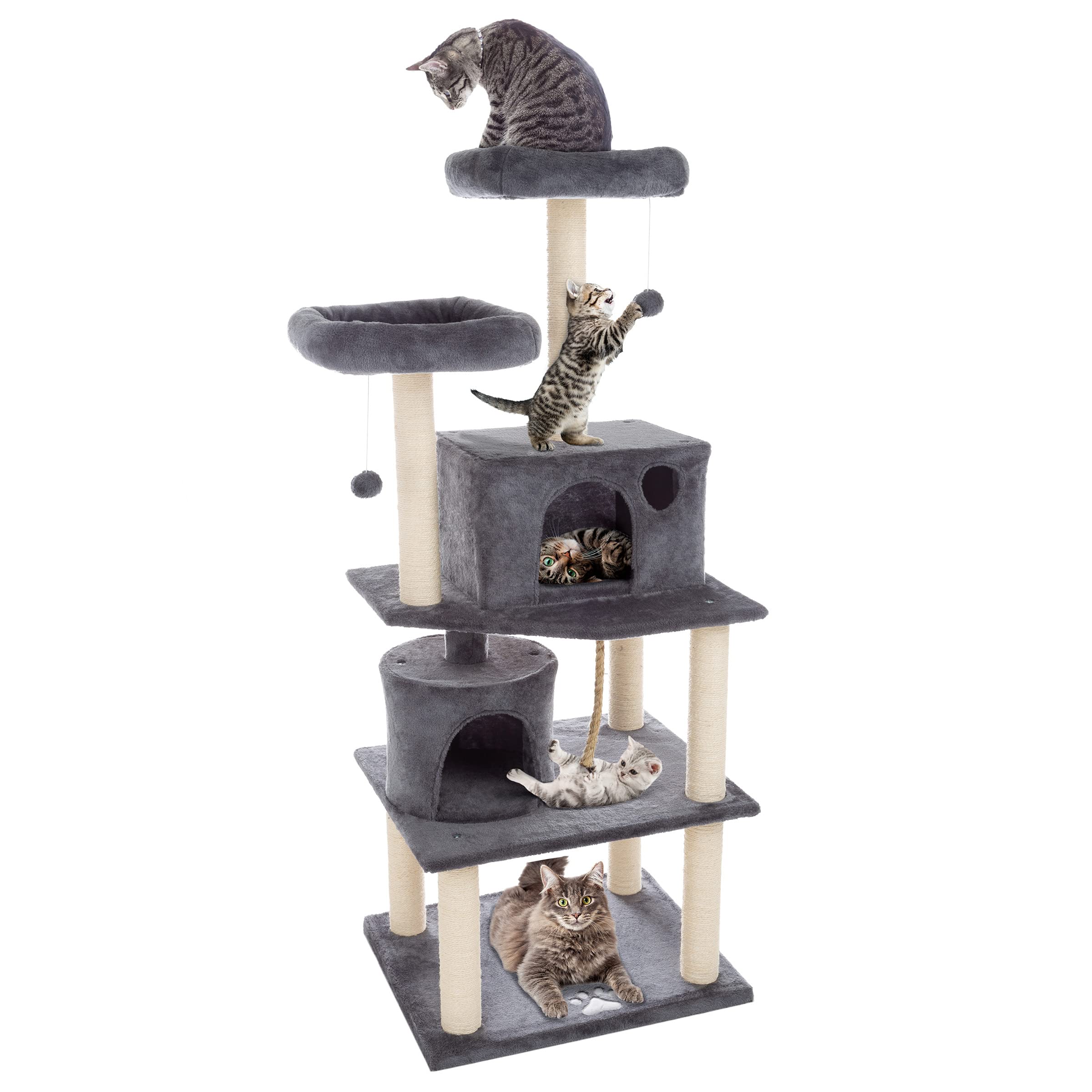 5-Tier Ultimate Cat Tree for Multiple Cats - 8 Scratching Posts, 2 Padded Perches, 2 Kitty Condos & 3 Hanging Toys - Large Sturdy Cat Tower with Hammock & Hideouts - Perfect for Indoor Cats Play, Climb & Nap (Dark Gray)