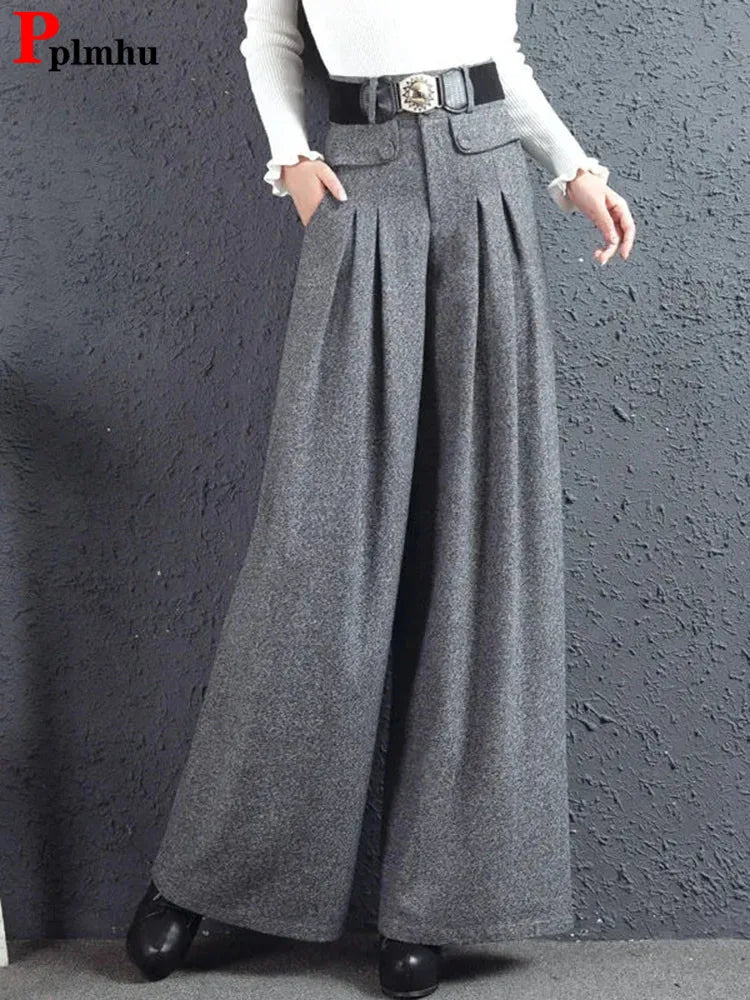 Women's High Waist Wool Blend Wide Leg Pants - Autumn Winter Korean Fashion Oversized Culotte Trousers with Belt | Casual Office Wear & Street Style Outfits