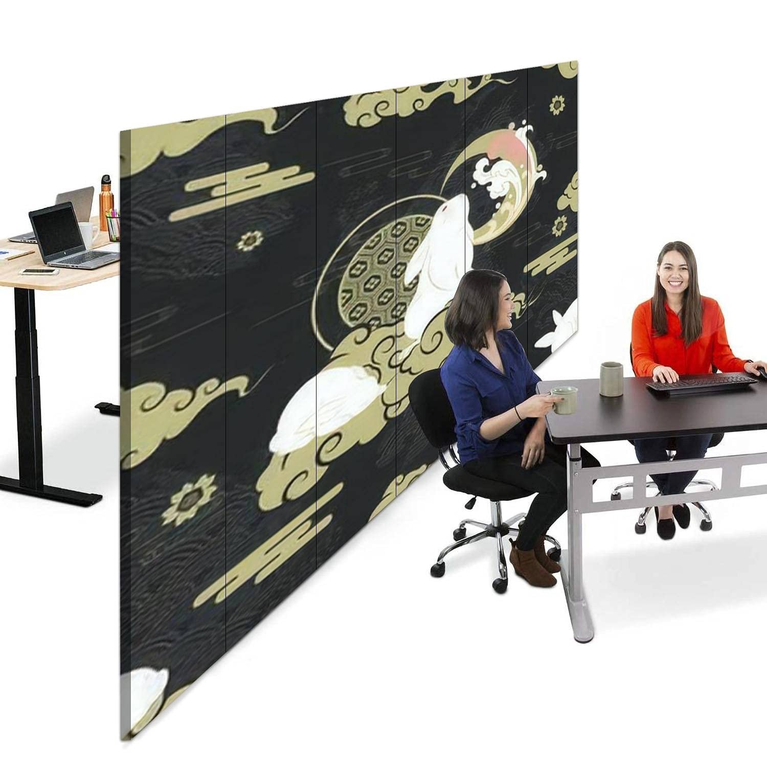 Japanese Style Canvas Room Divider Screen - 6 Panel Folding Privacy Partition with White Rabbit & Gold Repeat Pattern Art | Perfect for Bedroom, Office, Yoga Studio & Room Separation