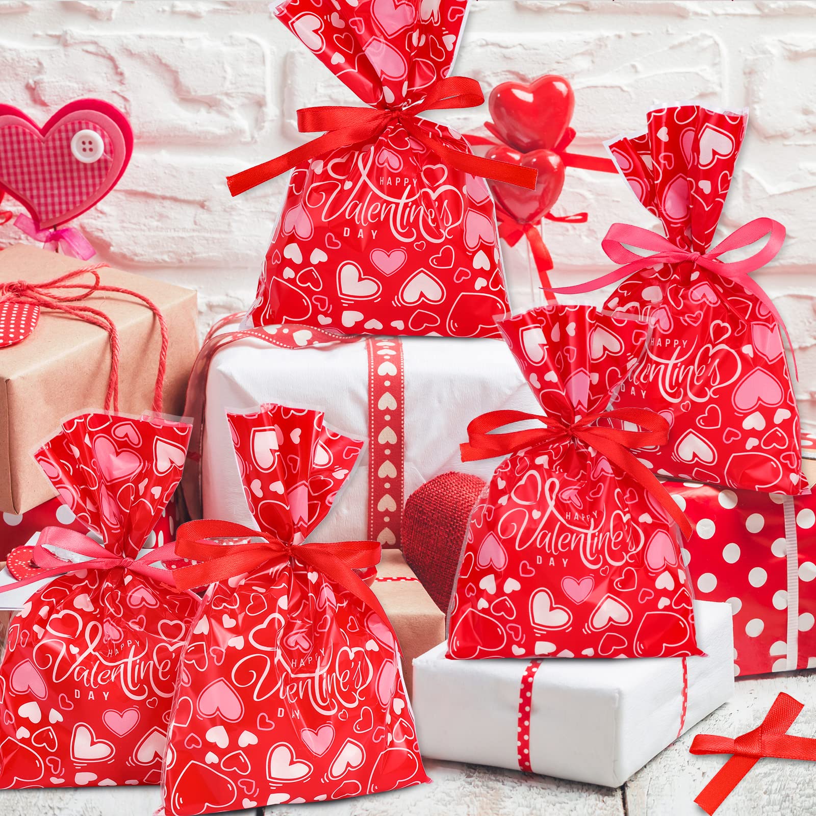 AnyDesign 100Pcs Valentine's Day Treat Bags - 6x9 Inch Red Heart Candy Cellophane Goodie Bags with Red & Pink Ribbon for Valentine's Party Favors, Gifts & Classroom Treats | Perfect for Candy, Cookies, Party Favors & Gift Wrapping