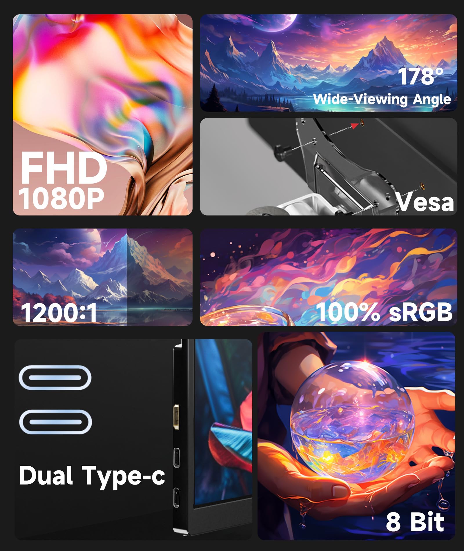 18.5 Inch Portable Monitor FHD 1080P 100% sRGB USB C HDMI External Screen for Laptop Mac PC - Gaming, Work & Travel with Smart Cover & Built-in Speakers