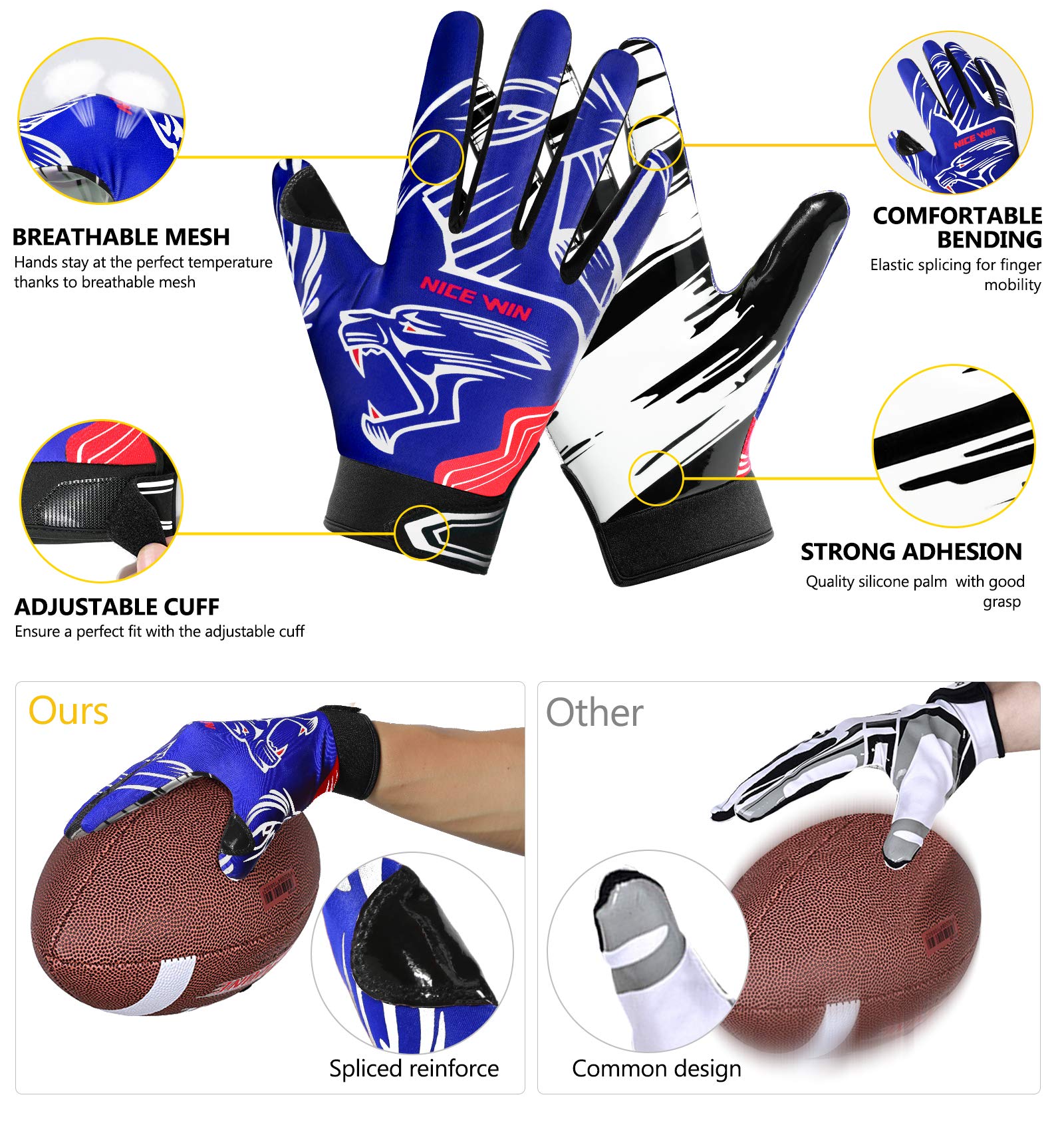 NICEWIN Football Receiver Gloves for Adults - Non-Slip Grip Gloves for Men & Women - Perfect for Training, Games & Outdoor Sports