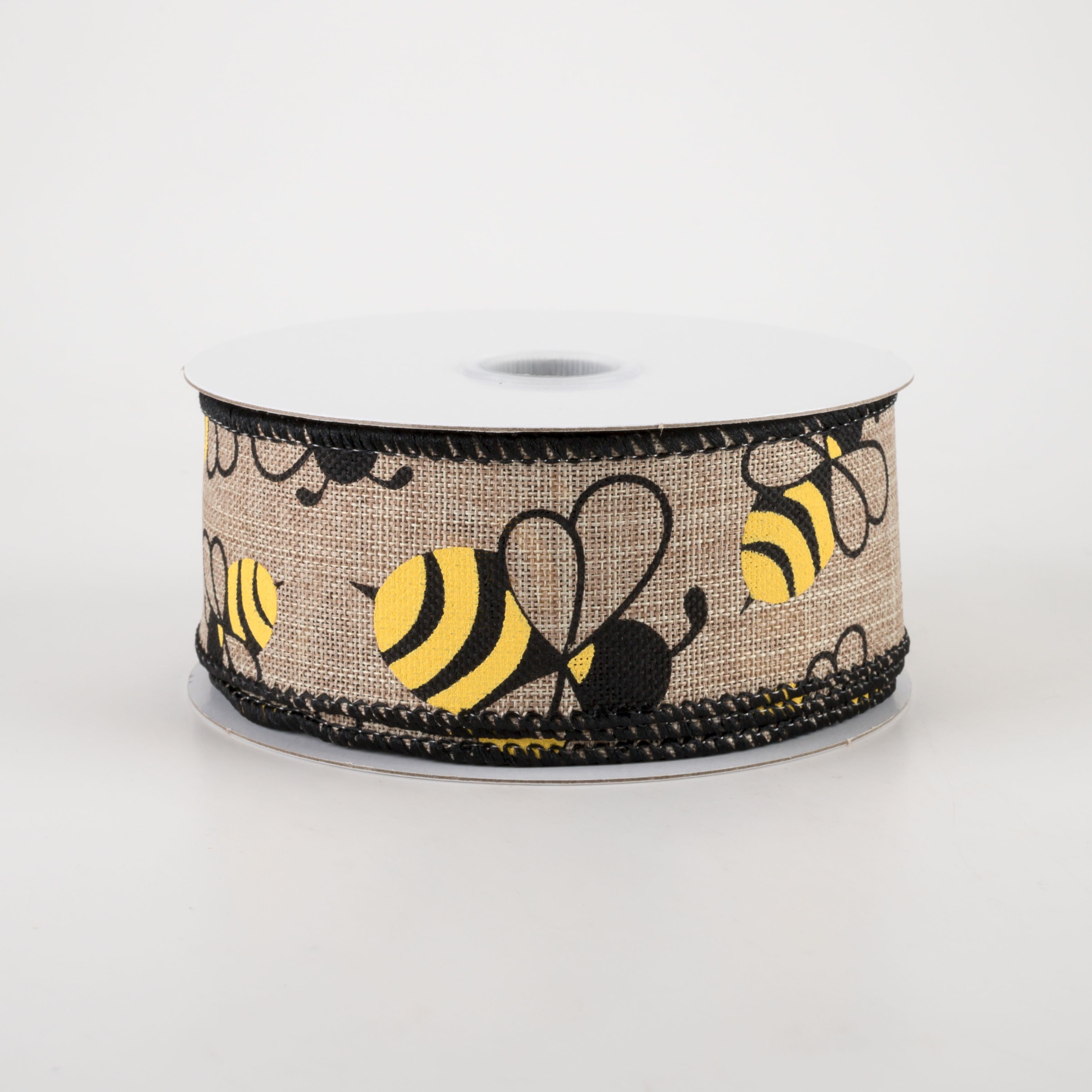 1.5 Inch Bumblebee Printed Linen Ribbon - Natural Tan Color (10 Yards) for DIY Crafts, Gift Wrapping, and Home Decor