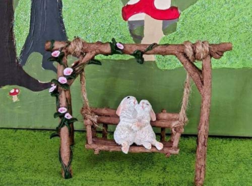 Miniature Rabbit Garden Decor - DIY Fairy Garden Accessories with Swinging Bench & Gnome for Outdoor Decor, Bunny Lover Gifts - Perfect for Fairy Gardens, Patios & Backyard Displays