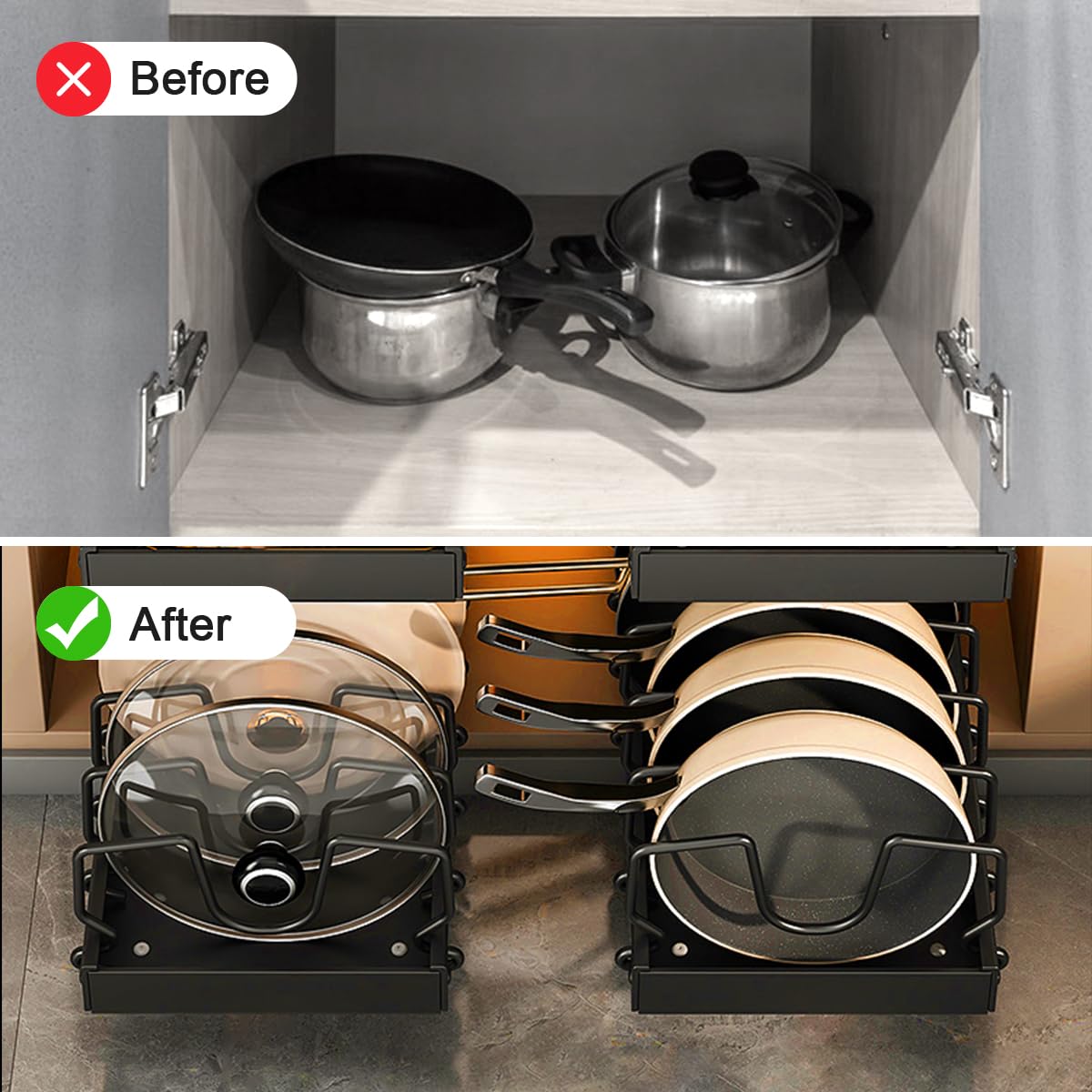 Under Cabinet Pull Out Organizer for Pots, Pans & Lids - 2-Tier Sliding Kitchen Storage Shelf | Space-Saving Cabinet Organizer for Cookware & Utensils | Perfect for Small Kitchens & Organized Cooking Spaces