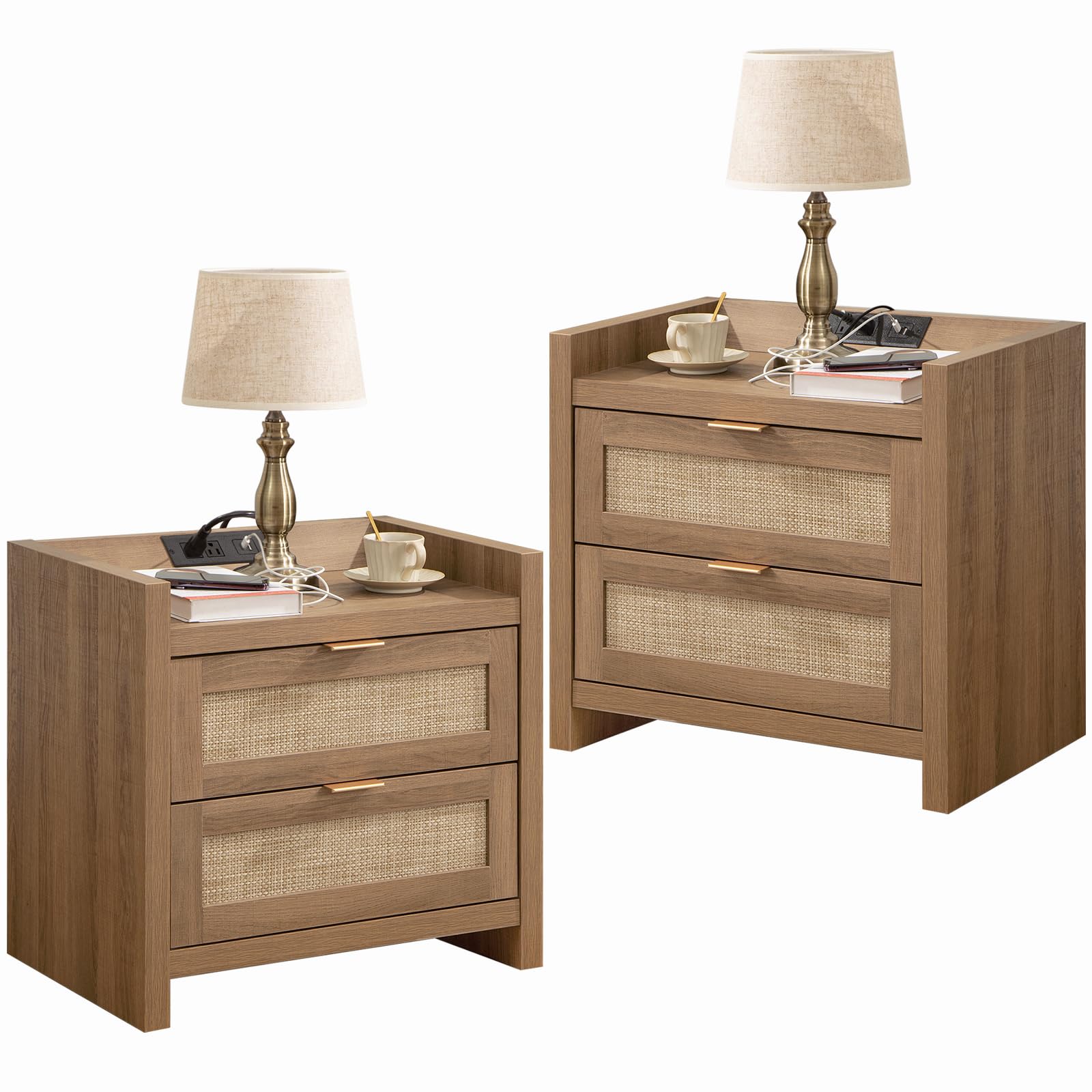 SICOTAS Night Stand Set of 2 - Rattan Bedside Tables with USB-C Charging Port & 2 Drawers - Boho Style End Tables for Small Spaces - Natural Oak Finish - Perfect for Bedrooms, Living Rooms & Studio Apartments