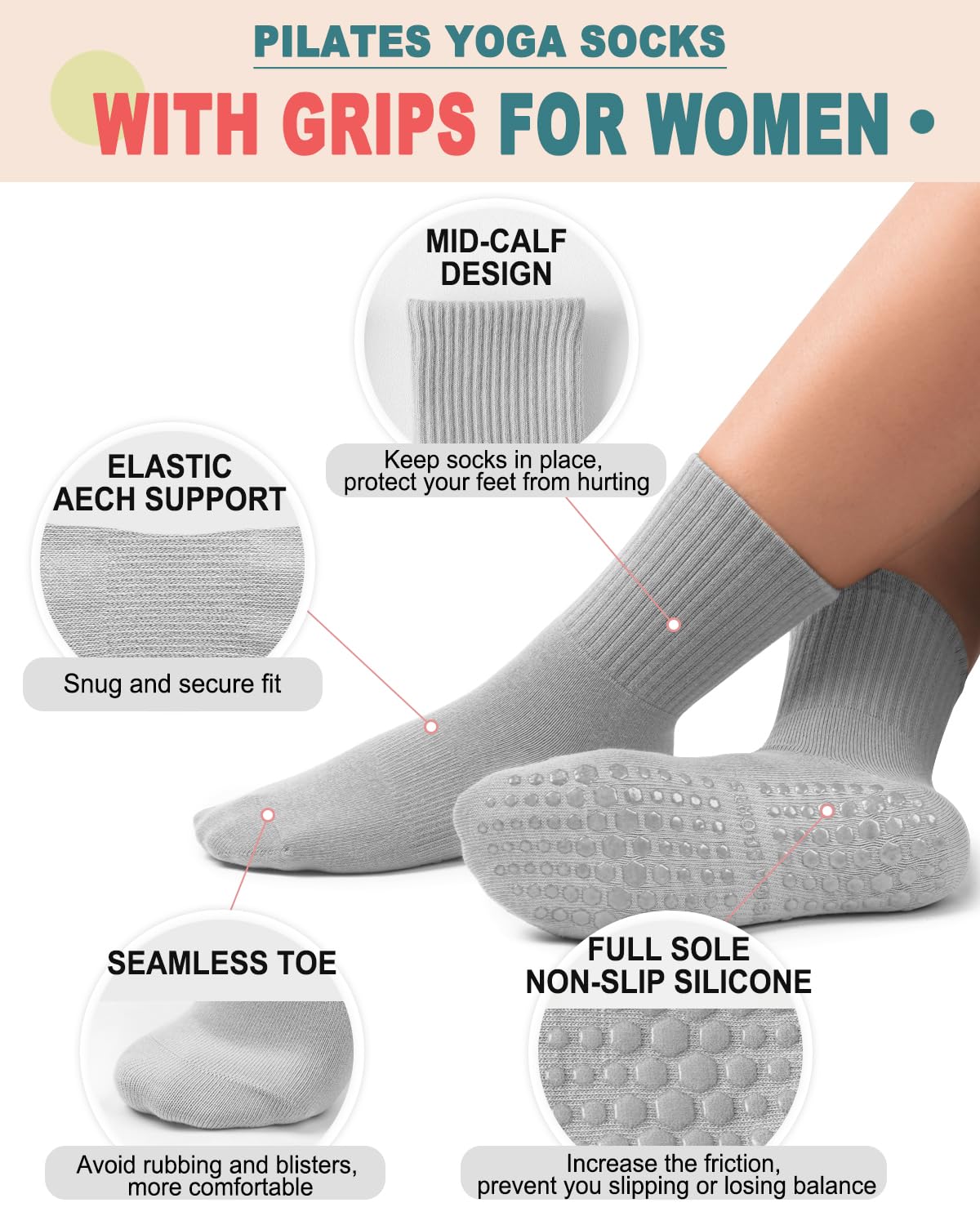 5 Pairs Non-Slip Pilates Grip Socks for Women - Anti-Skid Yoga Socks with Toe Grips for Ballet, Dance, Workout & Hospital Use - Perfect for Fitness, Barre Class and Nursing Professionals