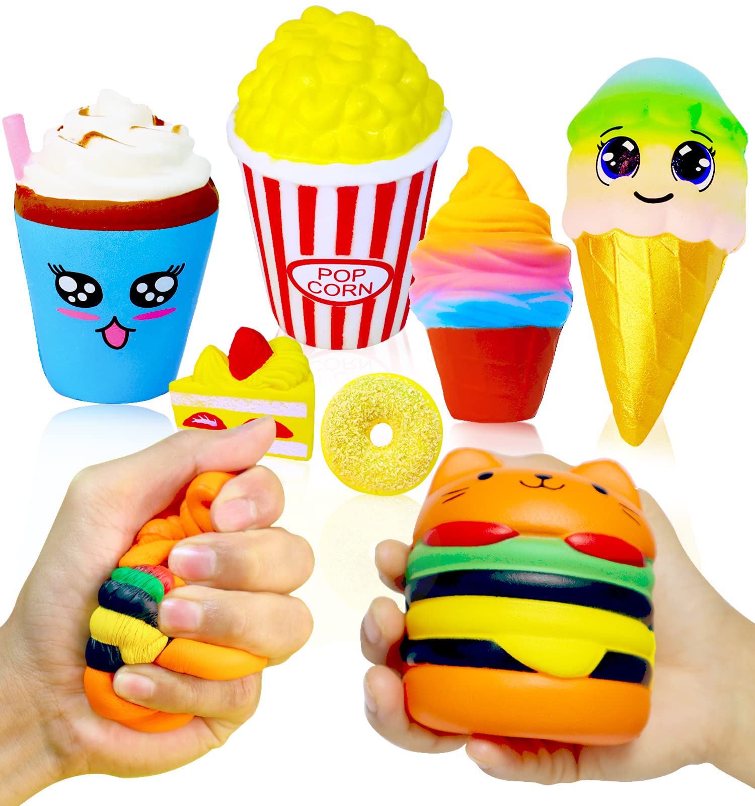 7-Piece Jumbo Slow Rising Squishy Toys Set - Hamburger, Cake, Popcorn, Donuts, Ice Cream - Kawaii Stress Relief & Fidget Toys for Kids & Adults - Perfect for Party Favors, Sensory Play & Anxiety Relief