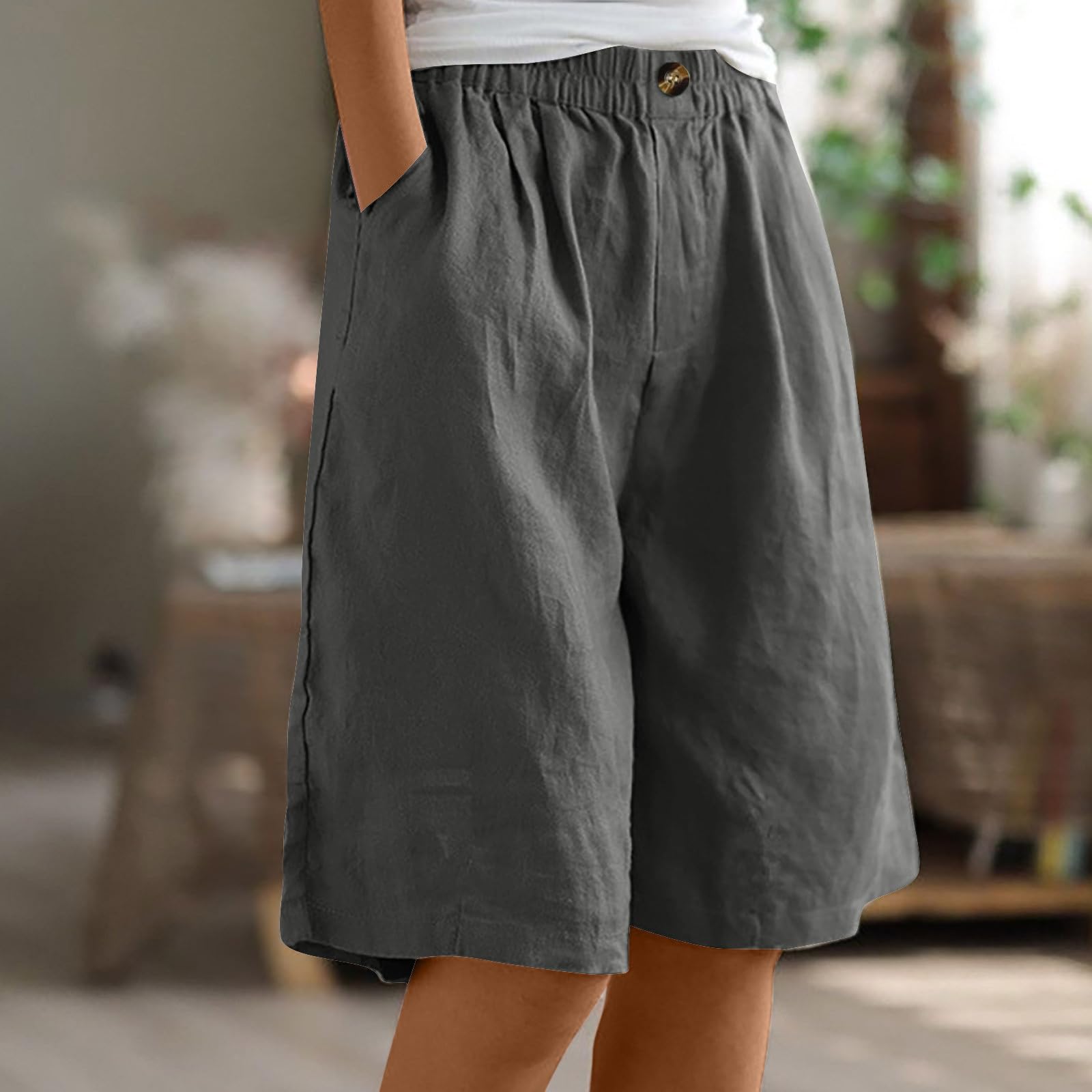**Mzkdieey Women's Cotton Linen Shorts - High Waist Casual Bermuda Shorts, Loose Fit Knee-Length for Workout, Summer & Beach - Perfect for Yoga, Travel & Outdoor Activities**