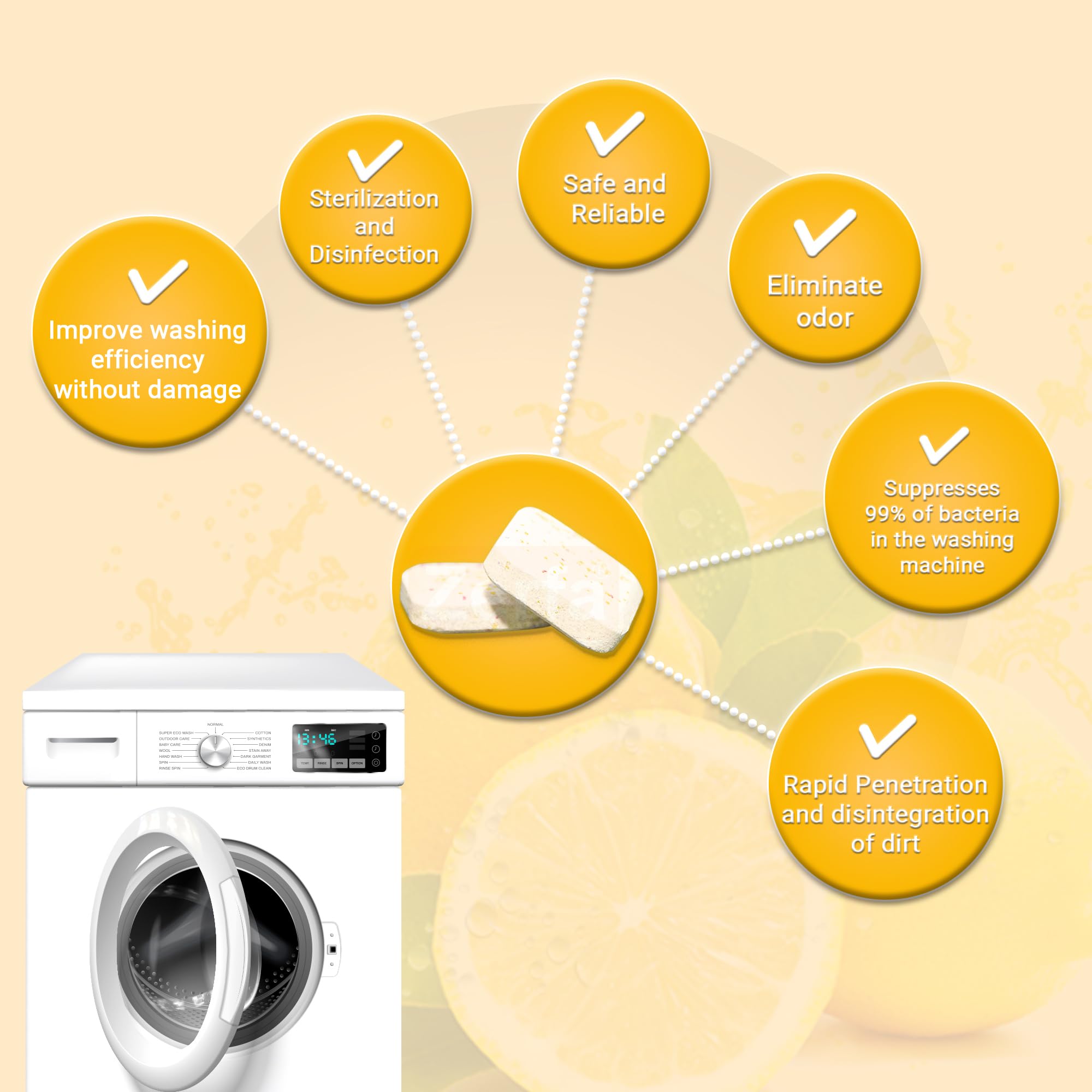 Zerfa 36-Pack Lemon Scented Washing Machine Cleaner Tablets - Powerful Descaling & Stain Remover for Front & Top Load Washers - Freshens Laundry & Eliminates Odors for Cleaner Clothes