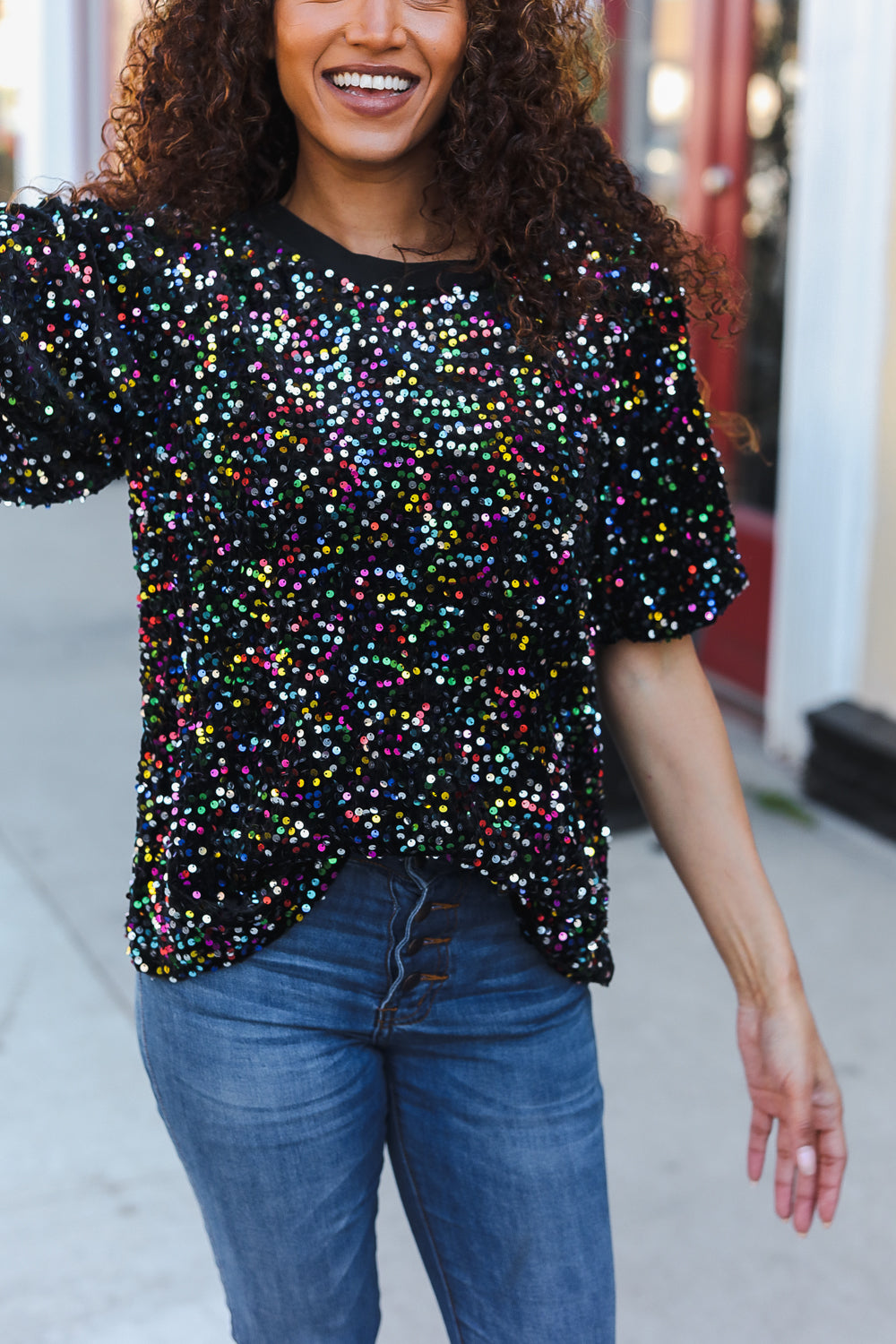 Black Velvet Multicolor Sequin Puff Sleeve Top for Women | Holiday Party & Christmas Outfit | Perfect for Festive Gatherings, NYE Celebrations & Special Occasions