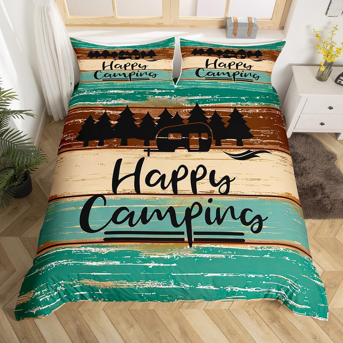 Erosebridal Vintage Camper King Comforter Cover Set - Rustic Farmhouse Bedding for Boys & Girls with 1 Pillowcase - Perfect for Kids' Rooms, Camping Themed Decor, and Cozy Farmhouse Bedrooms