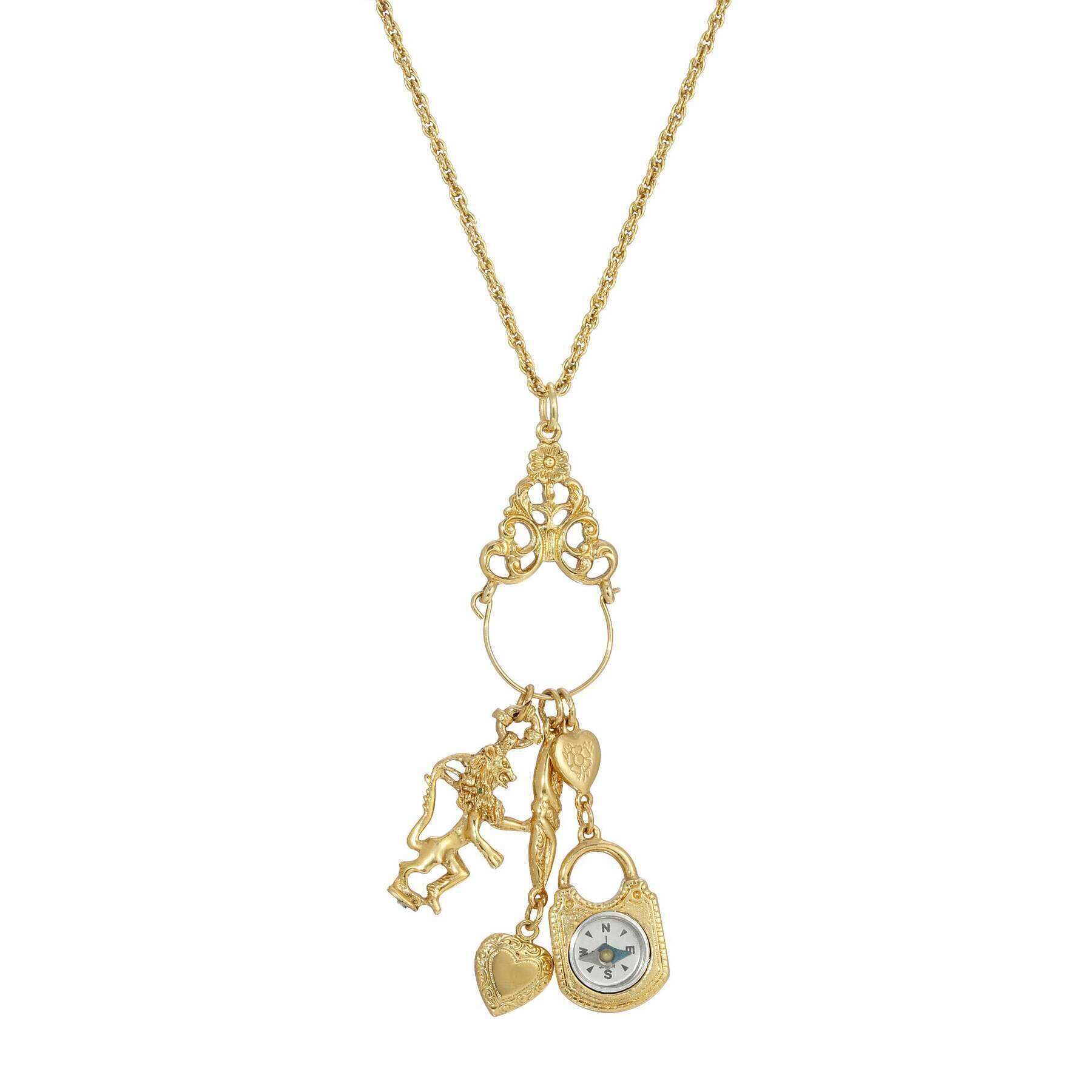 1928 Vintage Jewelry Charm Pendant Necklace with Compass & Heart Lion - Perfect for Travel, Adventure & Romantic Gifts