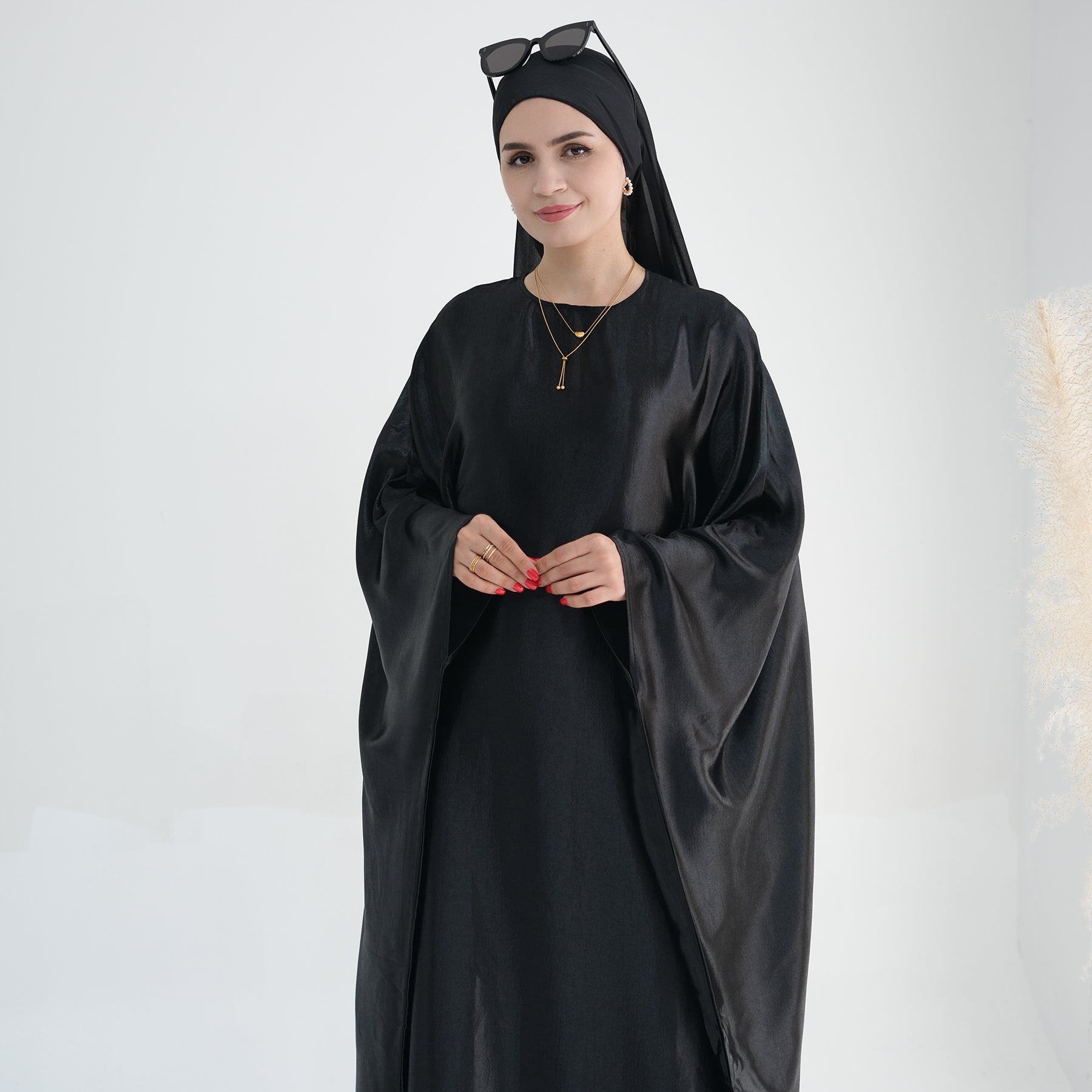 Elegant Black Alisha Butterfly Satin Abaya - Modest Muslim Dress for Women | Perfect for Prayer, Eid, Wedding & Special Occasions