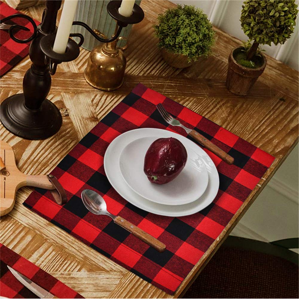Senneny Set of 6 Christmas Placemats - Buffalo Check Red Black Plaid Reversible Burlap & Cotton Holiday Table Mats for Christmas Decorations | Perfect for Holiday Dinner Parties, Festive Table Settings & Home Decor