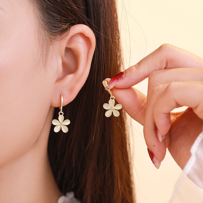 Cat Eye Stone Flower Charm Drop Hoop Earrings for Women | HE6205 | Elegant Jewelry for Parties, Weddings & Special Occasions