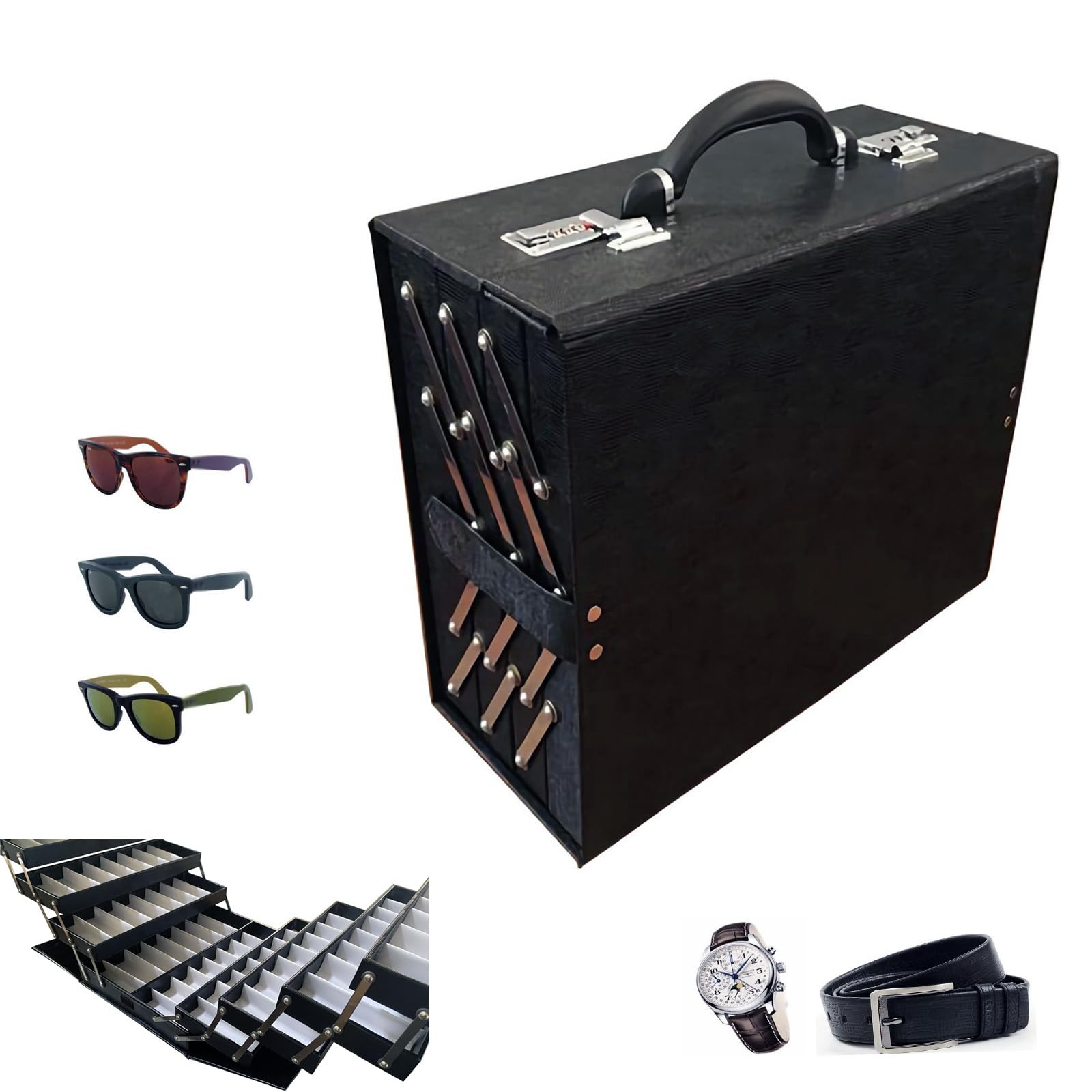 INTSUPERMAI Foldable PU Leather Eyeglasses Storage Organizer with Password Lock - Portable Eyewear Display Case for Travel, Home & Office Organization