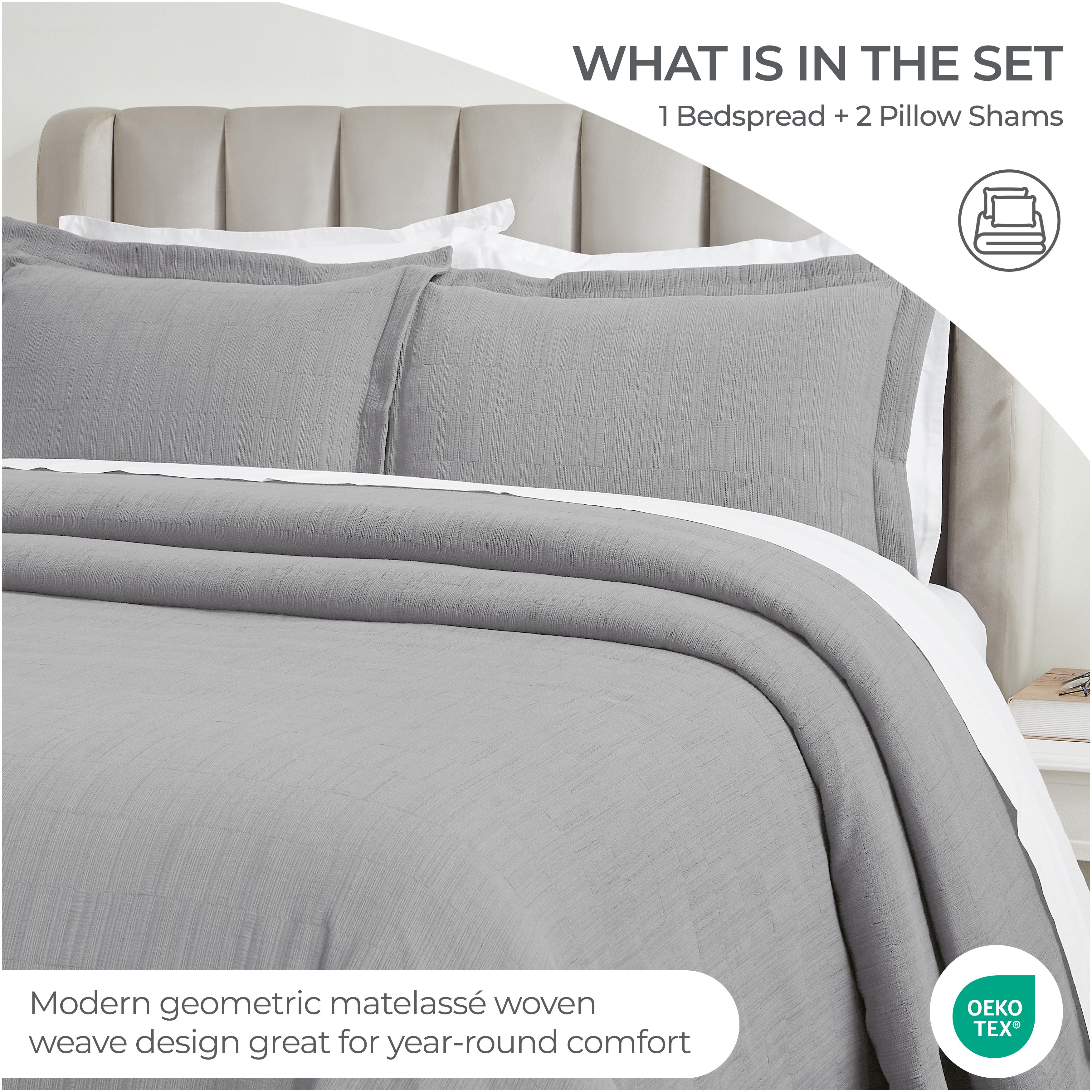 Premium Zenith Cotton Medium Weight Matelasse Bedspread & Sham Set - Queen Size, Luxury Textured Bedding for Master Bedroom & Guest Room Decor