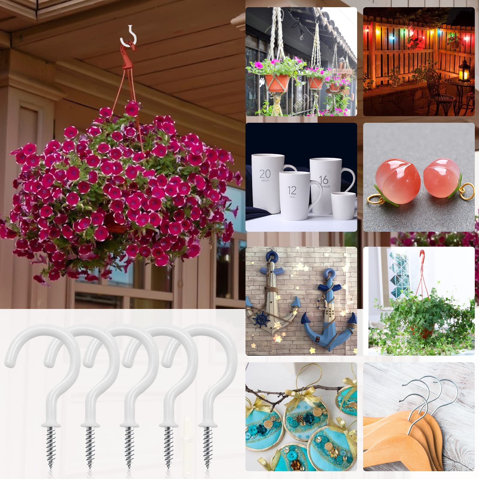 45 Pack 1-1/2 Inch White Vinyl Coated Screw Hooks - Heavy Duty Cup Hooks for Ceiling, Plants, Wind Chimes & Kitchen - Indoor/Outdoor Hanging Solution for Home, Garden & Garage Organization