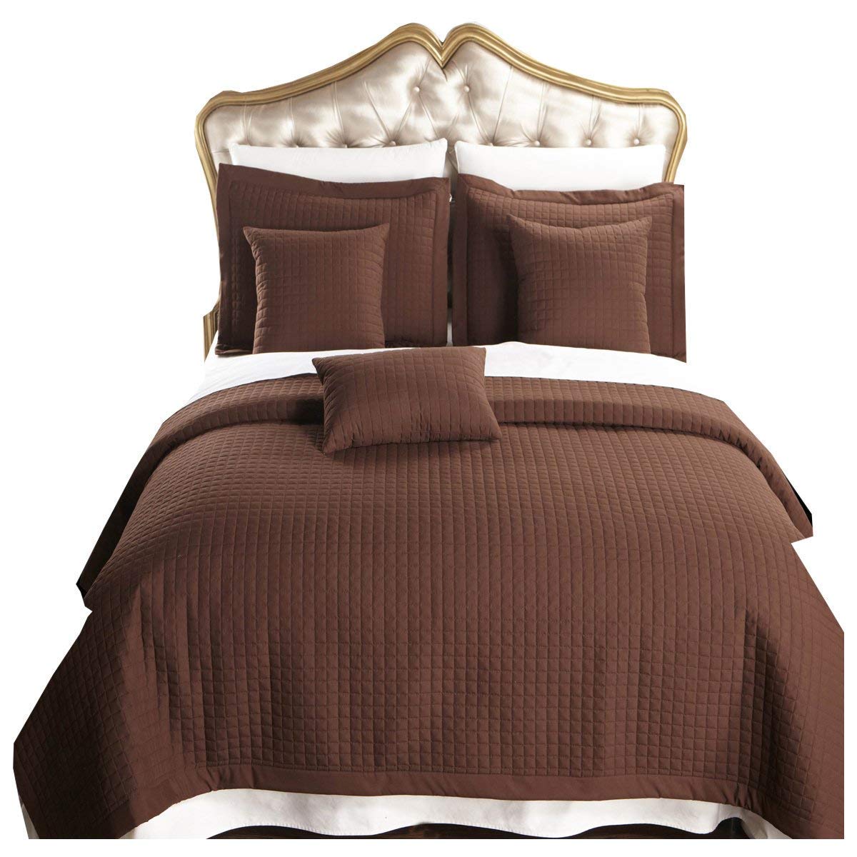 Royal Hotel Bedding Quilt Set 7-Piece - Full Size Checkered Chocolate Bedspread with Sheets & Coverlet | Luxury Bed in a Bag for Guest Rooms & Cozy Home Decor