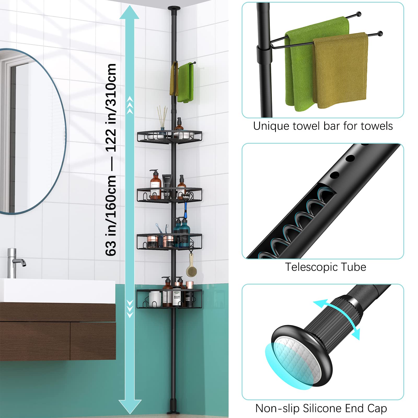 **Kadolina Adjustable Tension Pole Shower Caddy - 4-Tier Bathroom Storage Shelf (53-120 Inch Height) - Space-Saving Shampoo & Bath Accessories Organizer for Bathtub & Shower (Black)**    **Perfect for Small Bathrooms, Apartments, or Dorm Rooms – Maximize Shower Storage Without Drilling!**