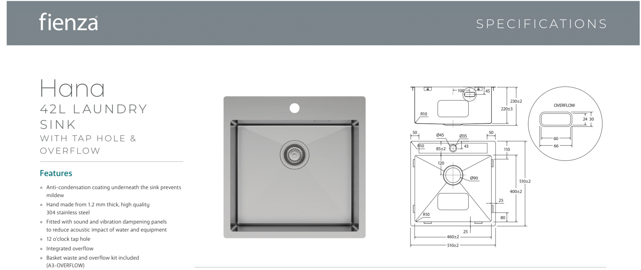 Fienza HANA 42L Square Laundry Utility Sink with Overflow - Heavy Duty Stainless Steel Basin for Laundry Room, Garage, Workshop & Outdoor Use (Model 68502 OF)