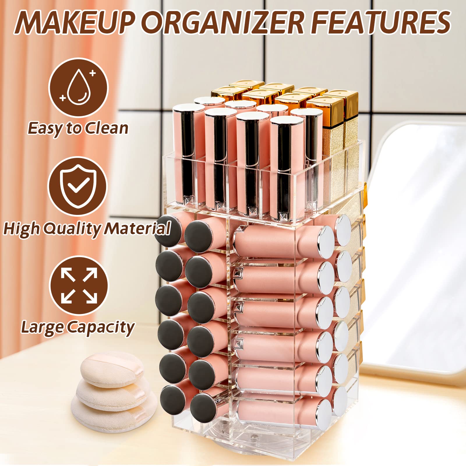 Display4Top Acrylic Rotating 64-Slot Lipstick Organizer - 360° Spinning Lipstick Tower with Removable Dividers | Perfect for Makeup Vanity, Cosmetic Display & Beauty Salon Organization