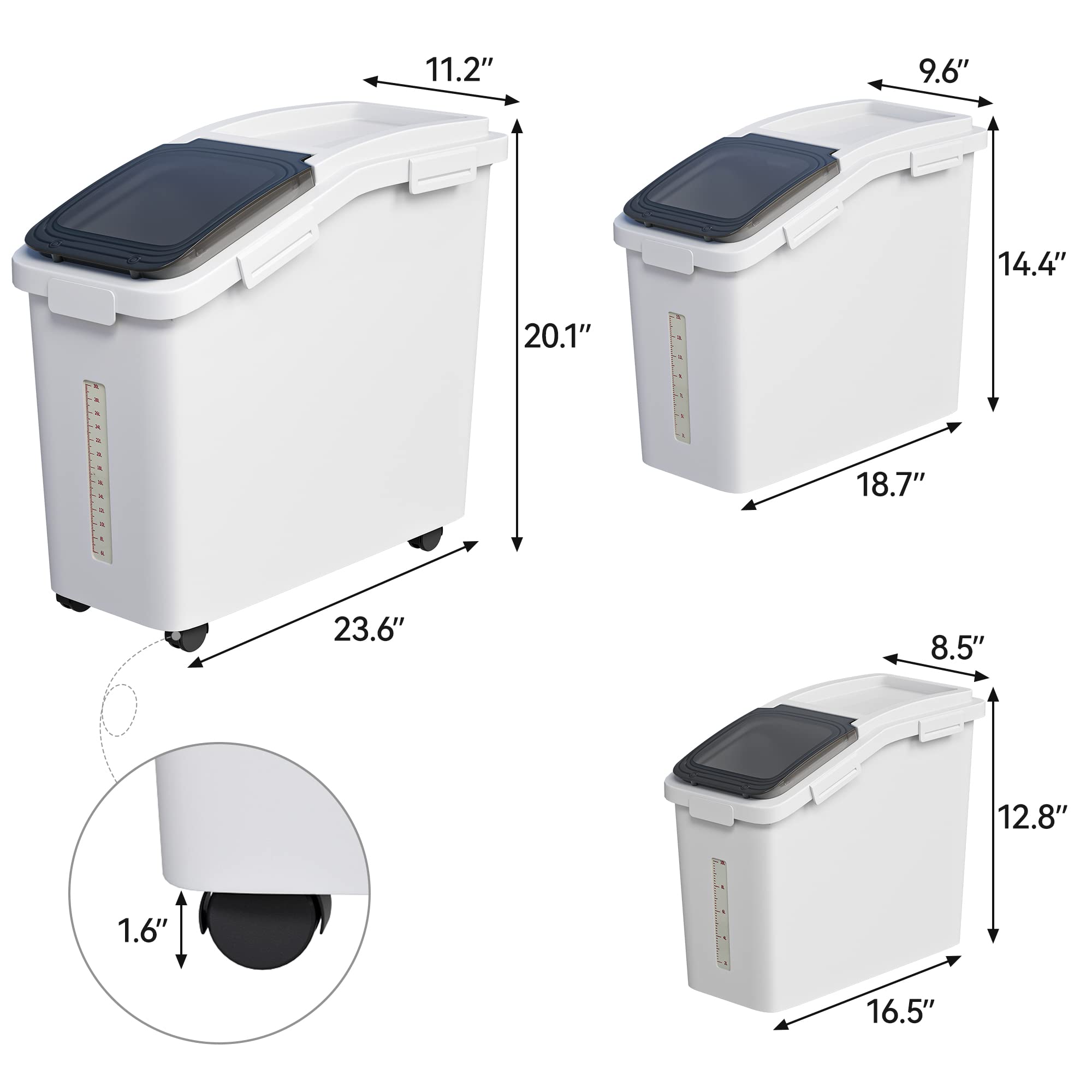 YITAHOME 90L/190lb Large Flour Storage Bins with Wheels - 3-Piece Set (20.6 Gallon Total) for Rice, Grains & Bulk Food - Includes Scoop & Airtight Lids - Perfect for Commercial Kitchens, Bakeries & Pantry Organization (White)