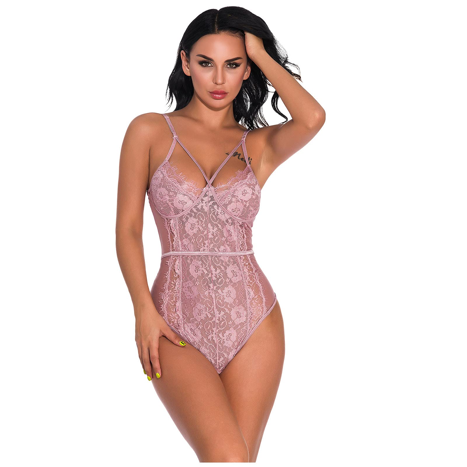 MEOILCE Women's Sexy Teddy Lingerie - Lace Babydoll Mesh Bodysuit with Cut-Out Backless Design & Suspender Straps for Naughty Play | Perfect for Valentine's Day, Honeymoon & Romantic Nights