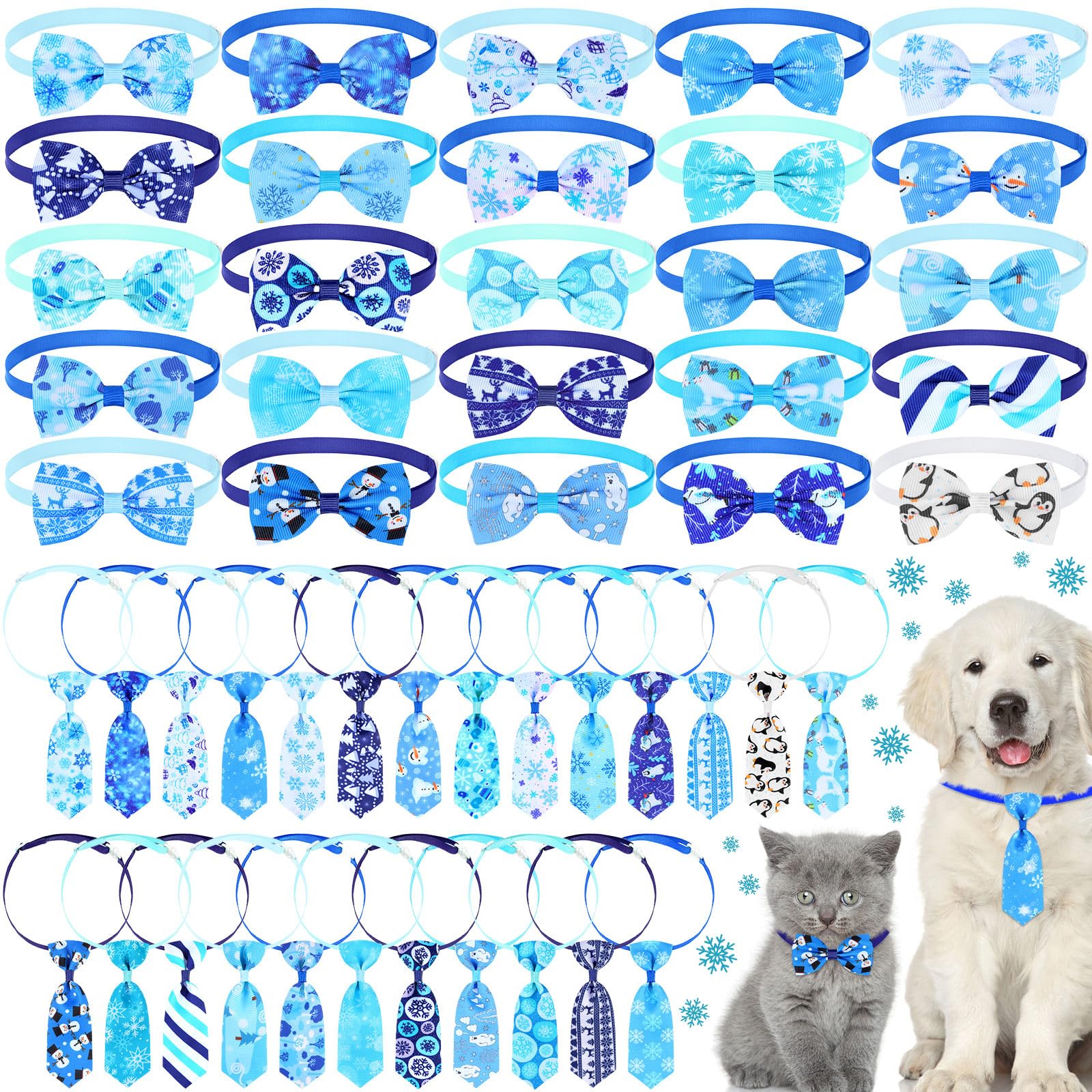 50 Pcs Winter Dog Collar with Bow - Christmas Pet Neckties Set for Dogs & Cats - Adjustable Snowman Snowflake Bowties - Perfect for Holiday Pet Photos & Christmas Decorations