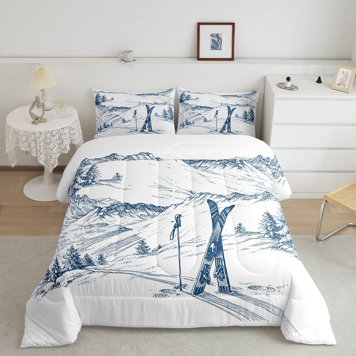 Full Size Ski Sports Comforter Set - Winter Themed Soft Quilted Duvet with Snow Mountain Landscape for Boys, Kids, Teens & Adults | Warm Bedding for Ski Enthusiasts - Perfect for Cold Weather & Ski Lodge Decor