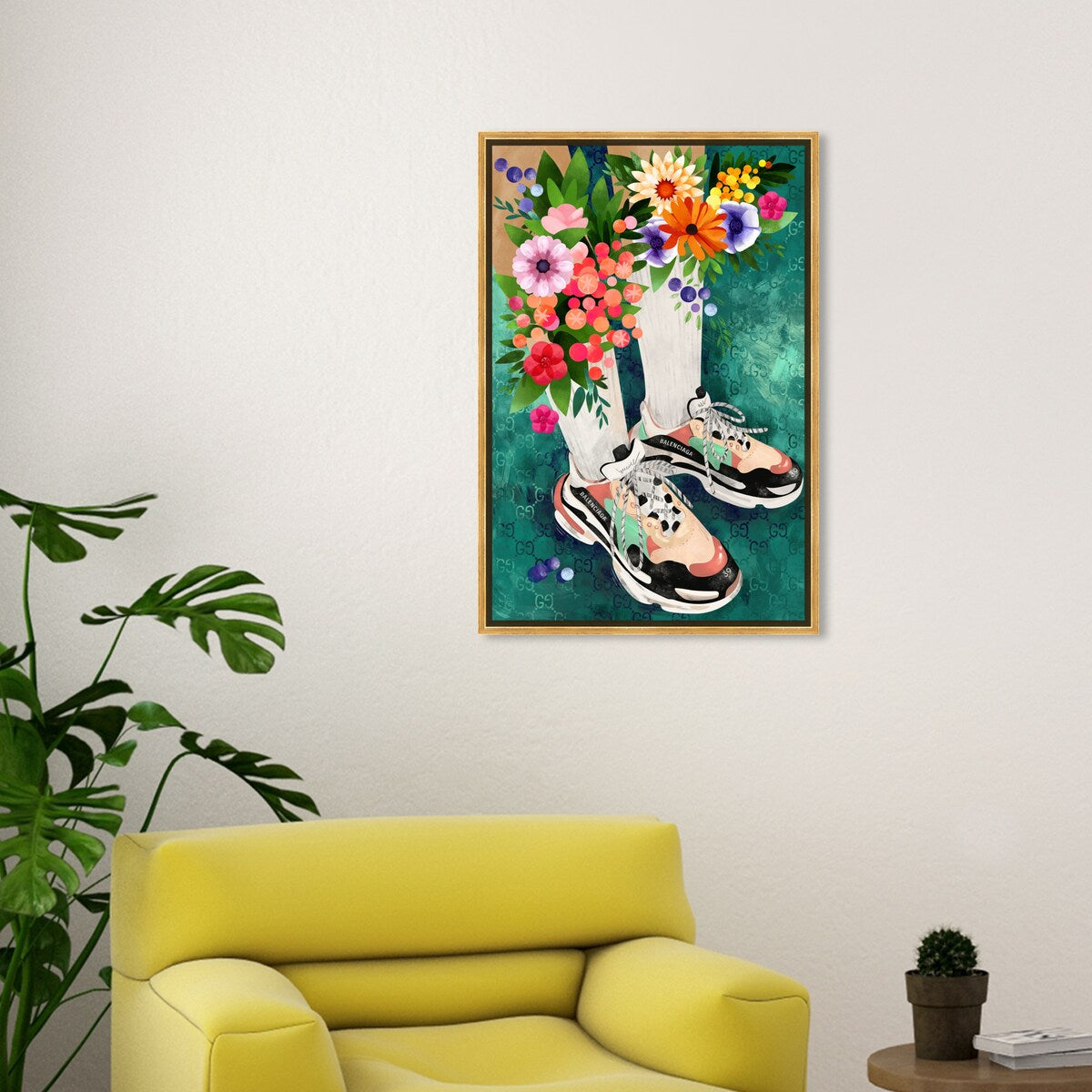Stylish Floral Sneakers & Socks Set with Modern Green Canvas Wall Art - Perfect for Bedroom Decor and Casual Outfits